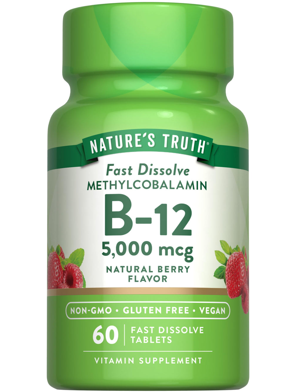 Nature's Truth B12 5000mcg berry-flavored tablets for daily vegan use.
