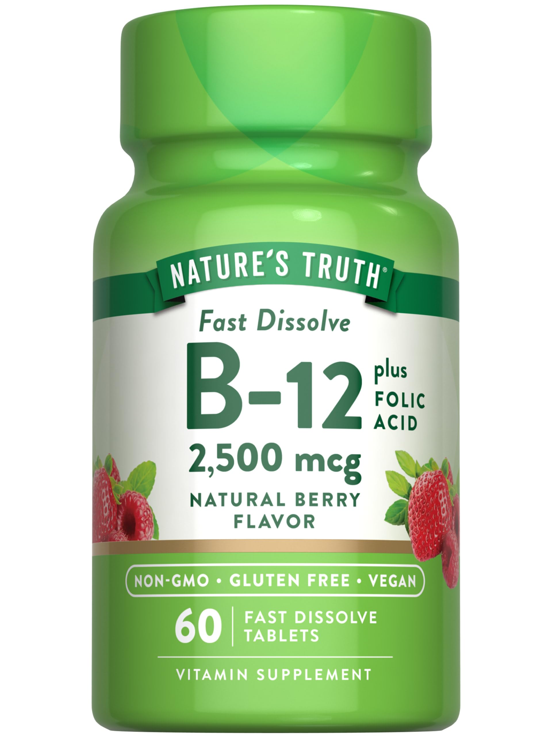 Nature's Truth B12 bottle front showcases a vegan, non-GMO supplement for daily wellness