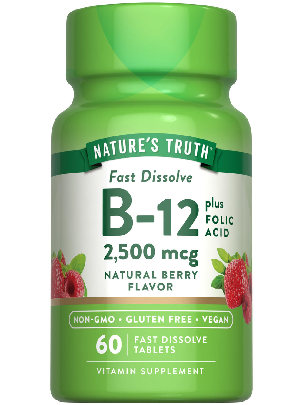 Nature's Truth B12 bottle front showcases a vegan, non-GMO supplement for daily wellness
