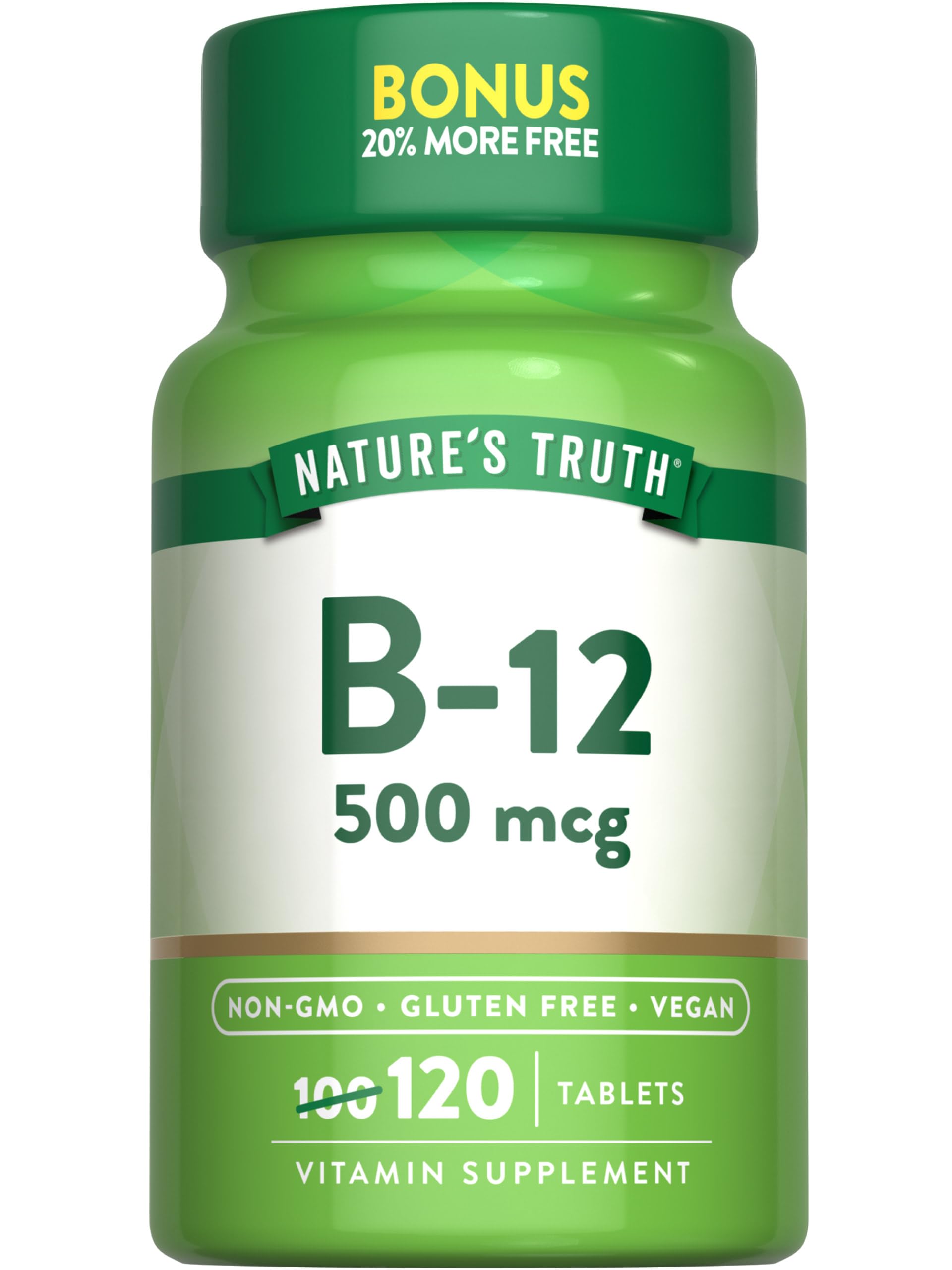 Nature's Truth B12 bottle front with compact vegan tablets for daily wellness.