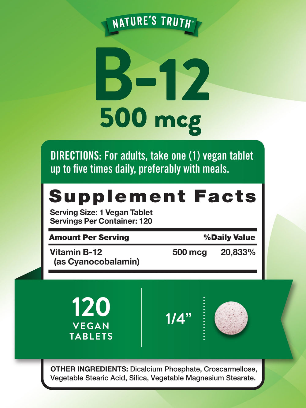 Closeup of Nature's Truth B12 bottle label showing 500 mcg cyanocobalamin detail.