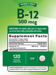 Closeup of Nature's Truth B12 bottle label showing 500 mcg cyanocobalamin detail.