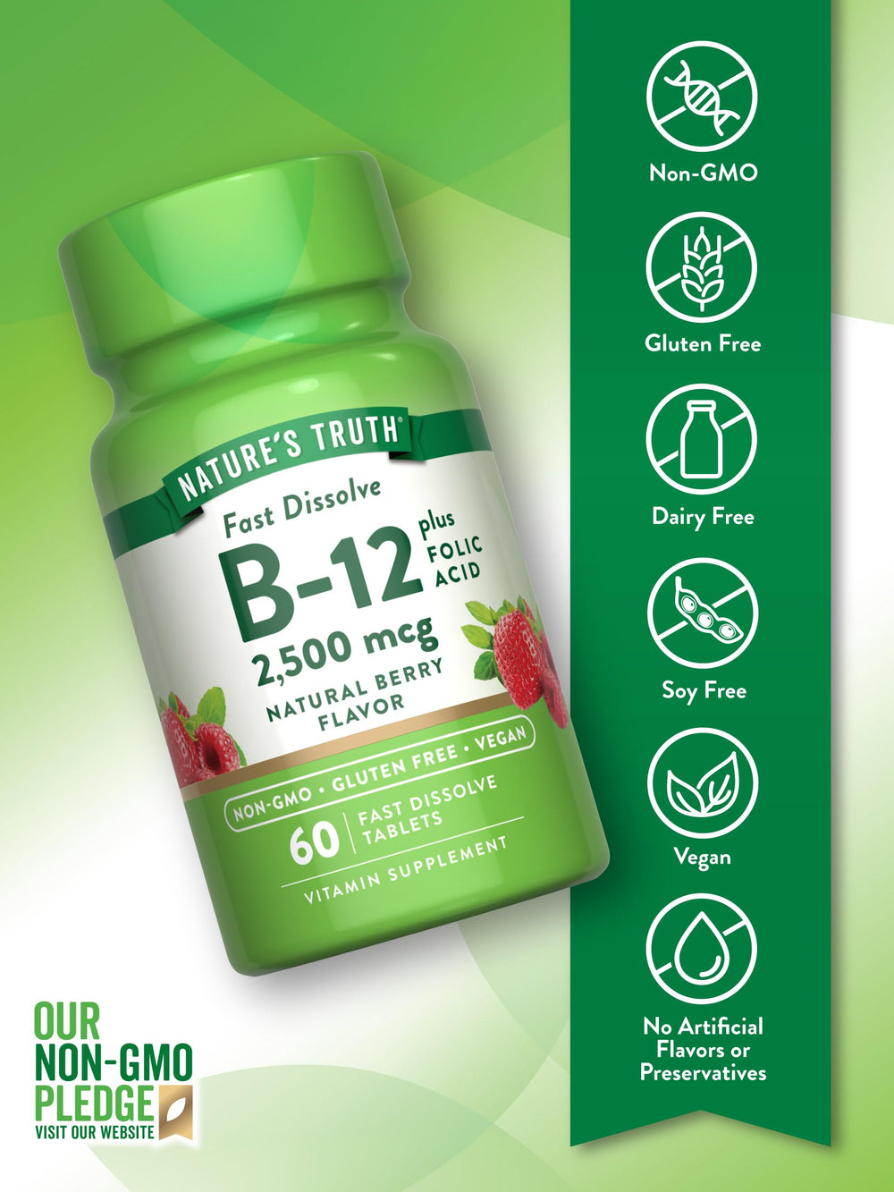 Nature's Truth B12 bottle label highlights gluten-free and allergen-conscious formulation