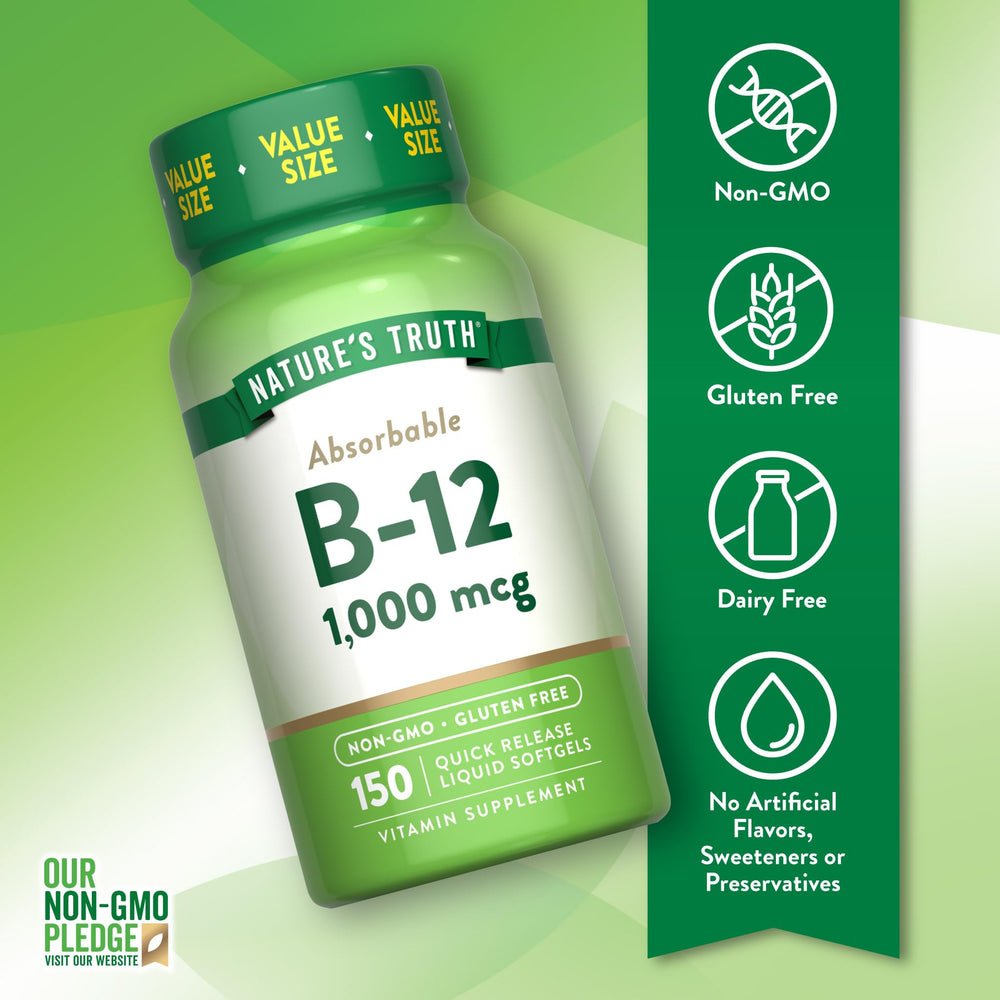Pouring Nature's Truth B12 softgel bottle showing convenient daily dosing