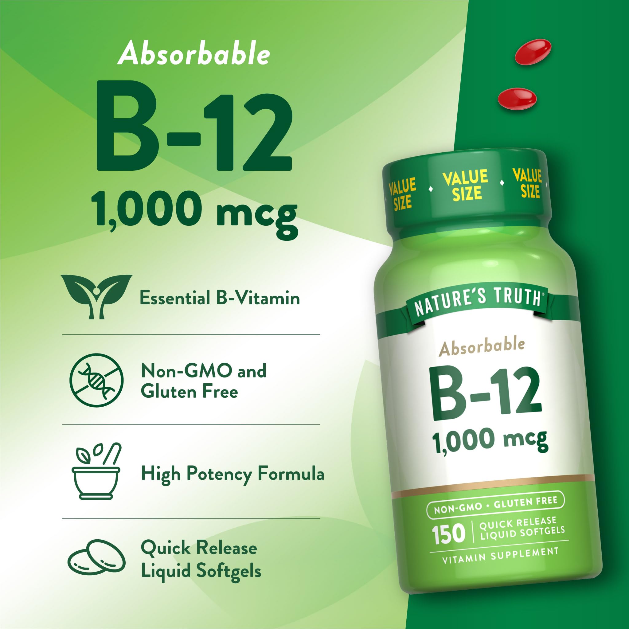 Label detail on Nature's Truth B12 showing Non-GMO and gluten-free claim