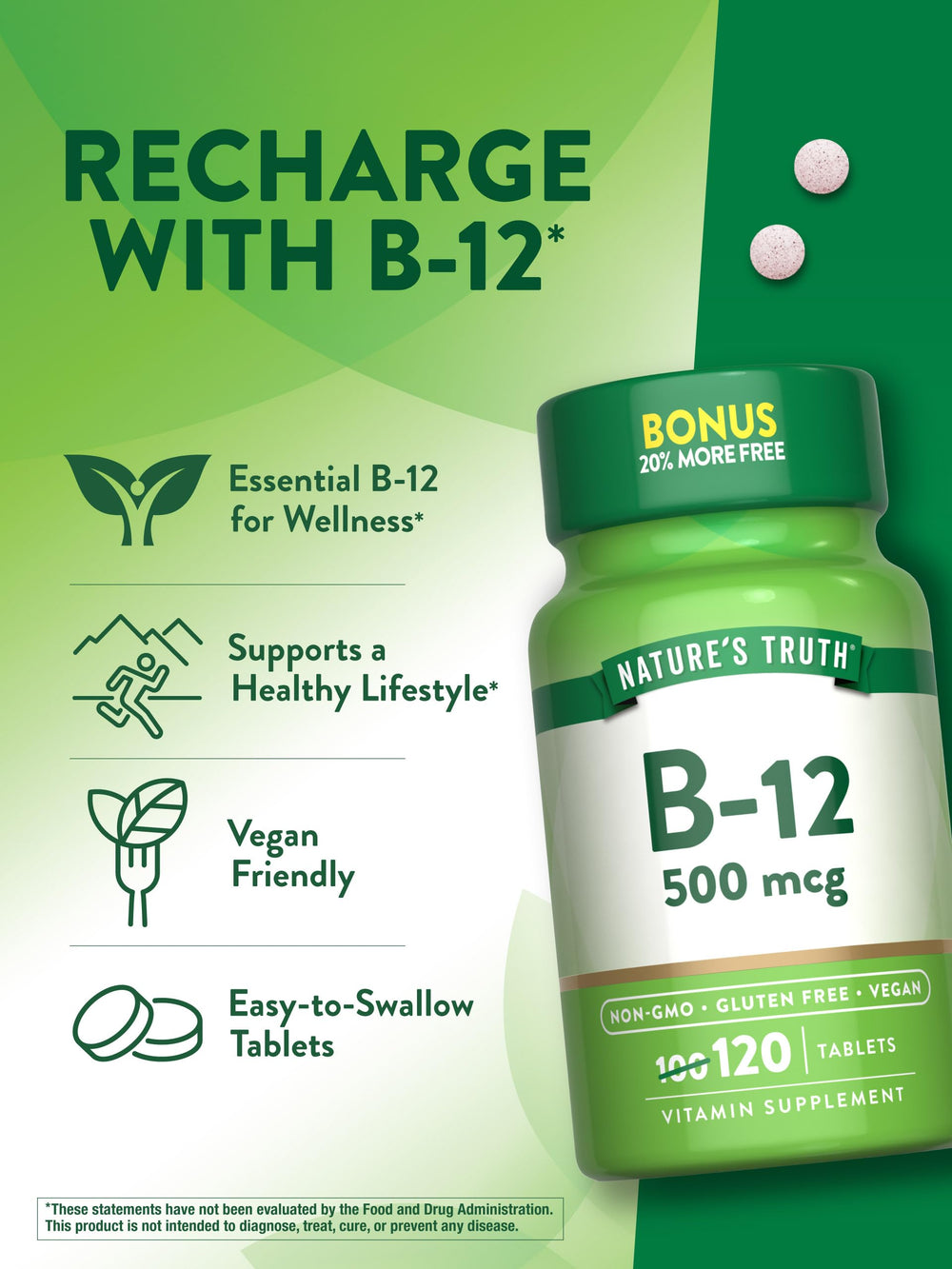 Eco-friendly packaging of Nature's Truth B12 highlights gluten-free and non-GMO features.