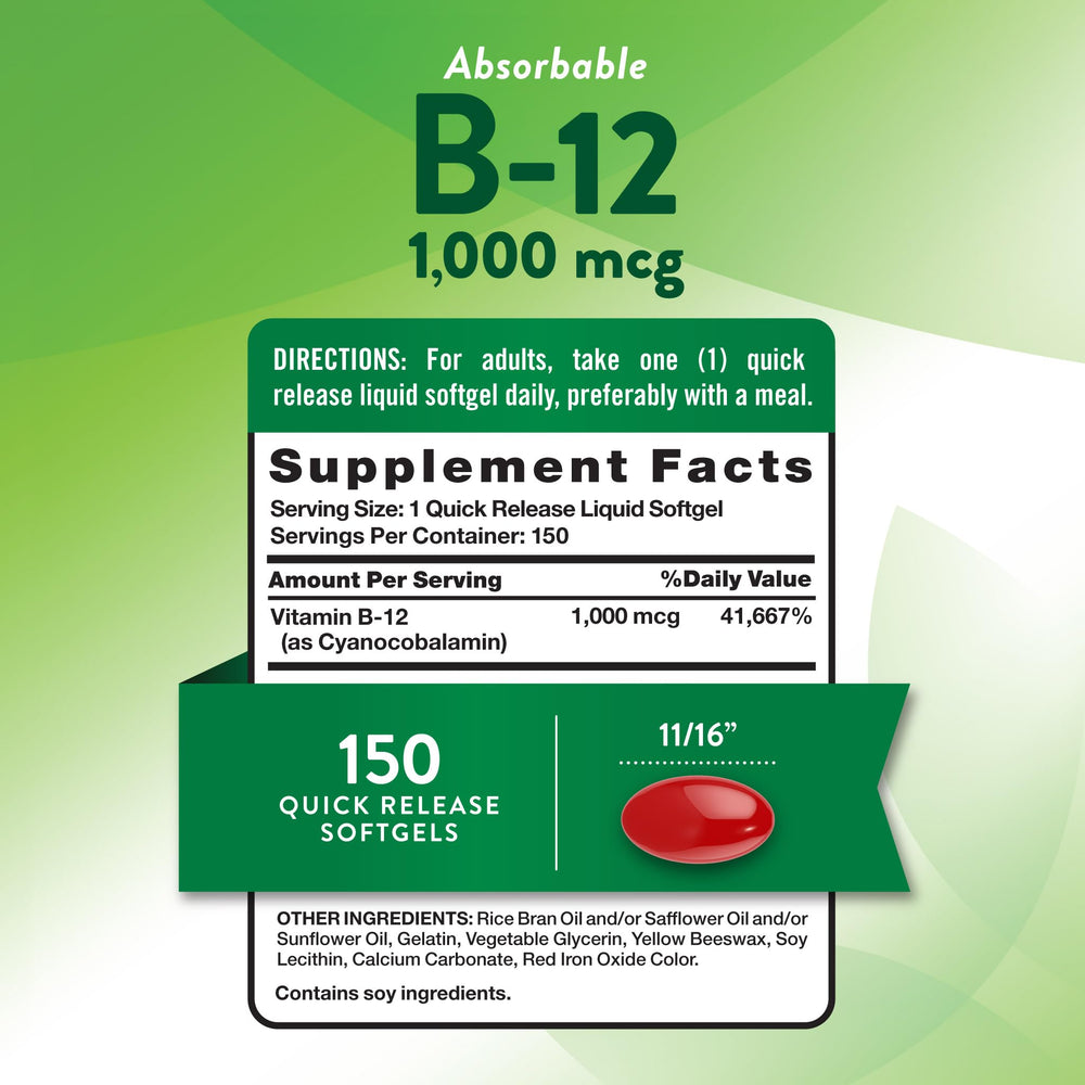 Closeup of Nature's Truth B12 softgels highlighting easy-to-swallow capsules