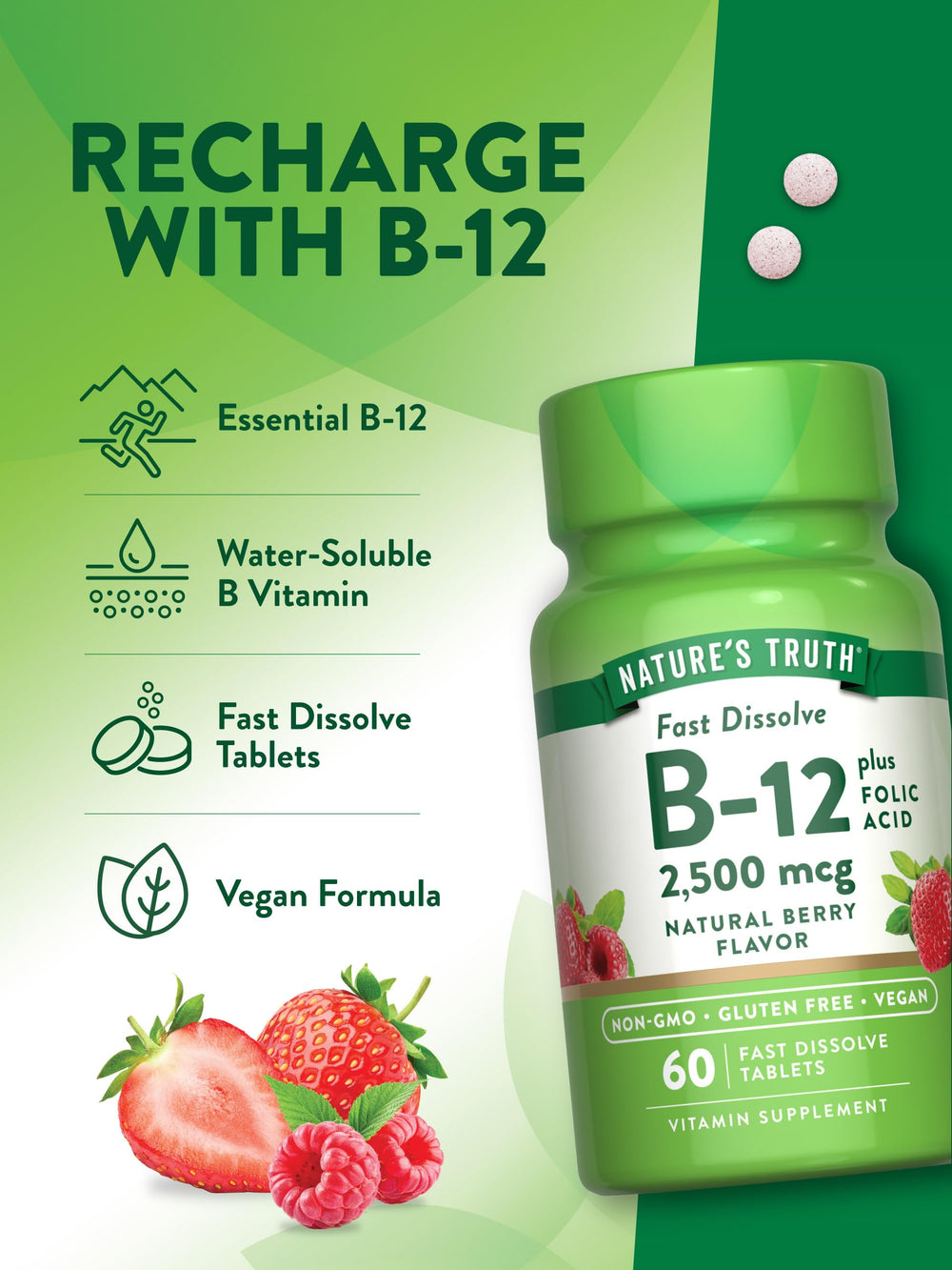 Nature's Truth B12 vegan symbol shows plant-based, non-GMO supplement options