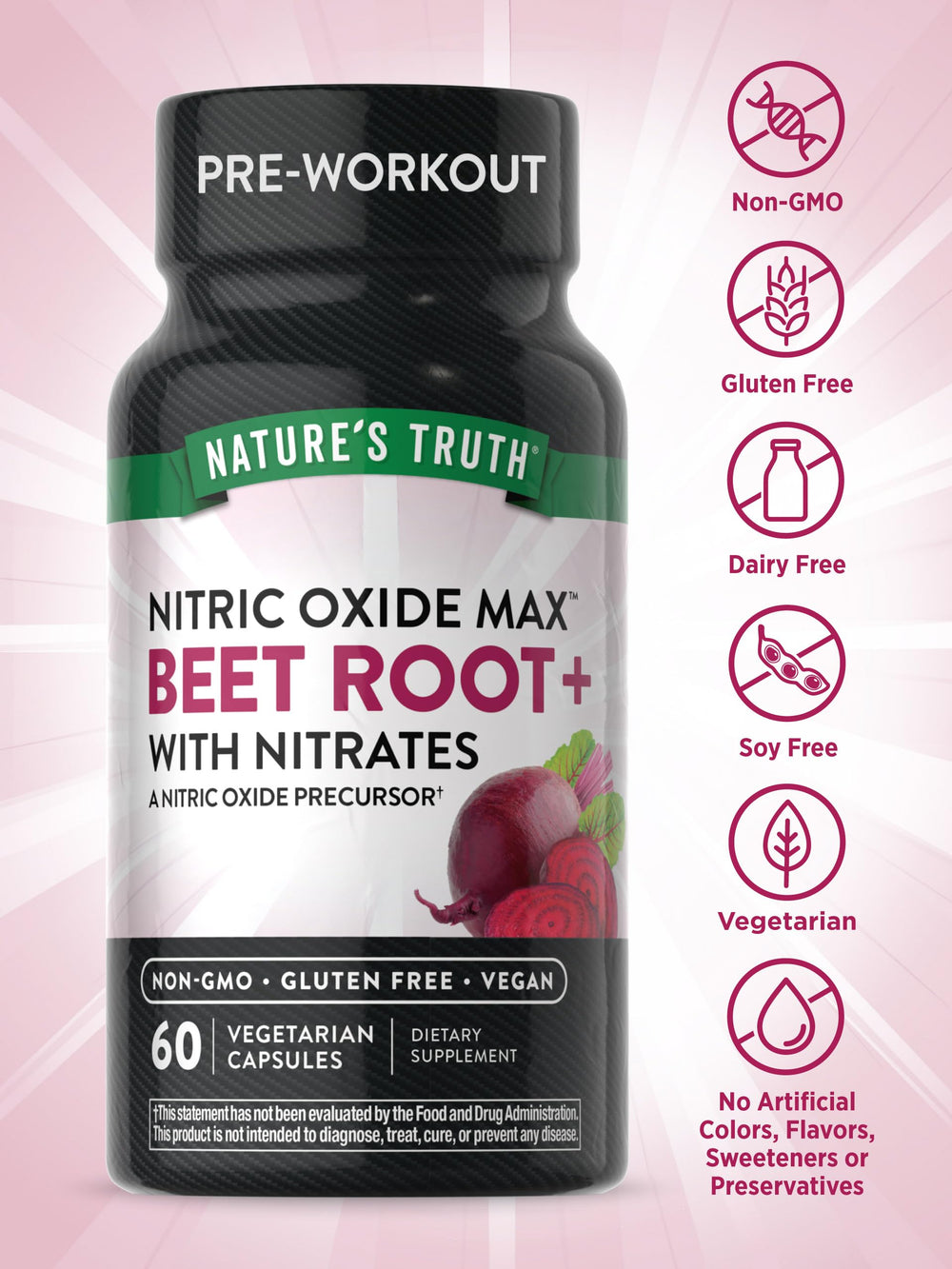 Closeup of Nature's Truth Beet Root Capsules capsules emphasizing antioxidant beet root content