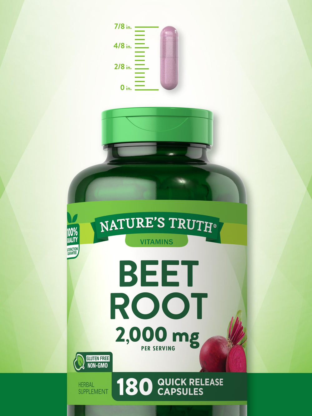 Nature's Truth Beet Root Capsules closeup of bottle and capsules highlighting nutrient-rich formula