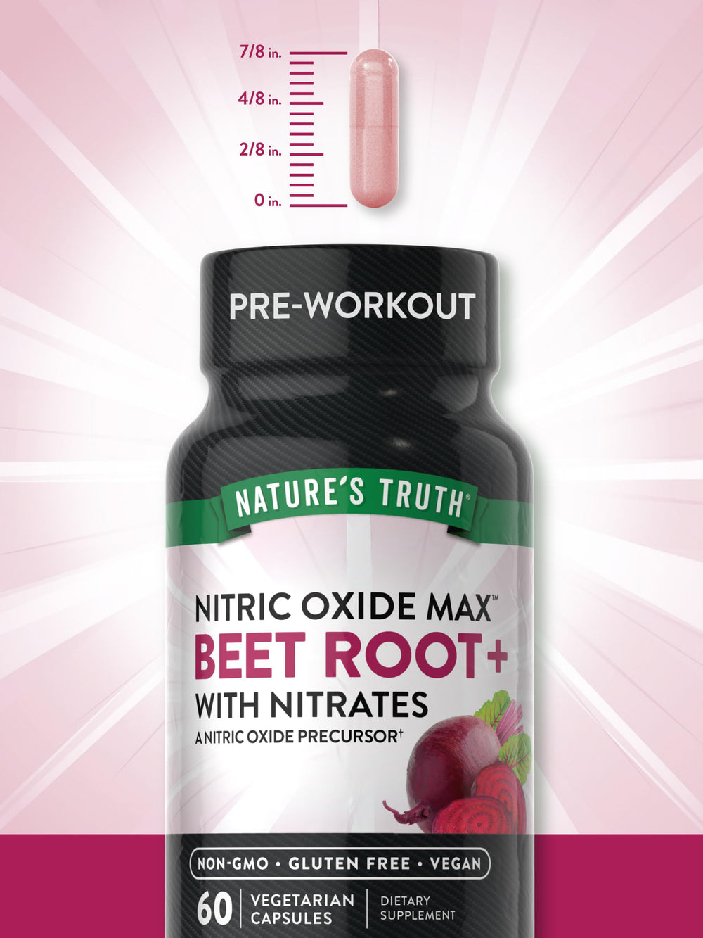 Nutrition facts panel of Nature's Truth Beet Root Capsules with gluten-free and dairy-free notes