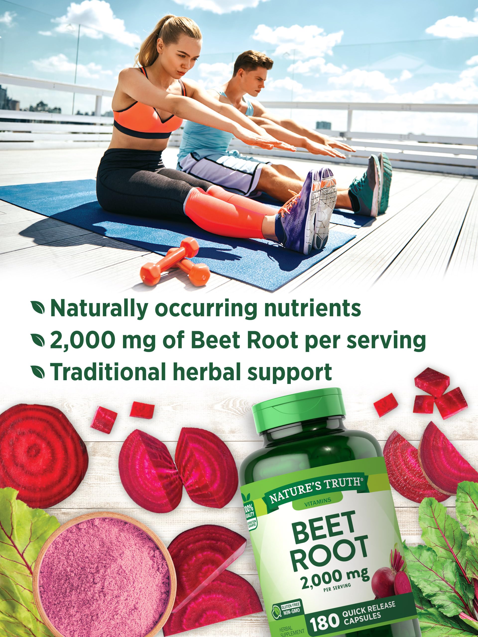 Nature's Truth Beet Root Capsules packaging closeup emphasizes gluten-free and non-GMO quality