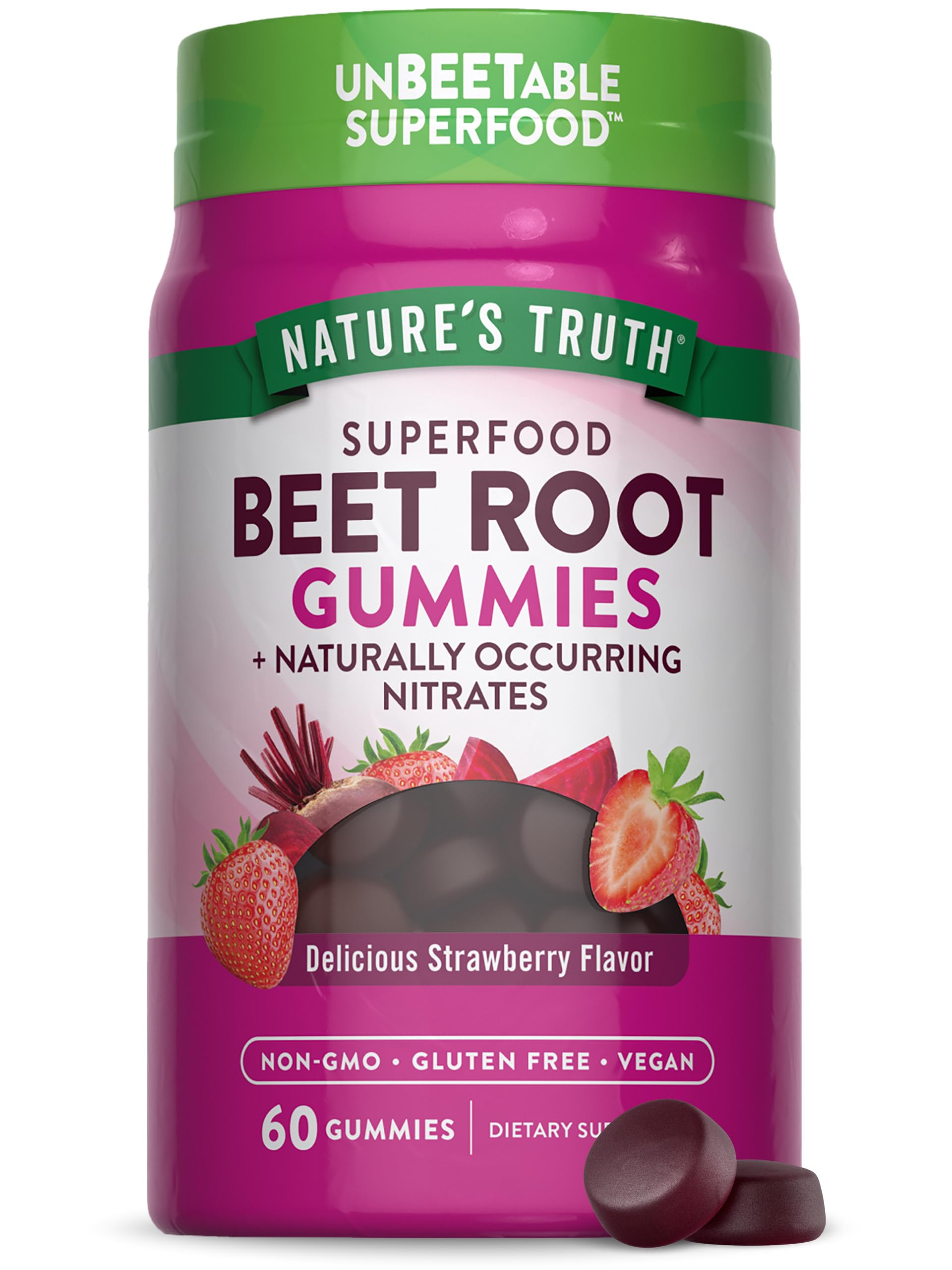 Nature's Truth Beet Root Gummies strawberry jar shows vegan, gluten-free daily nutrition option.