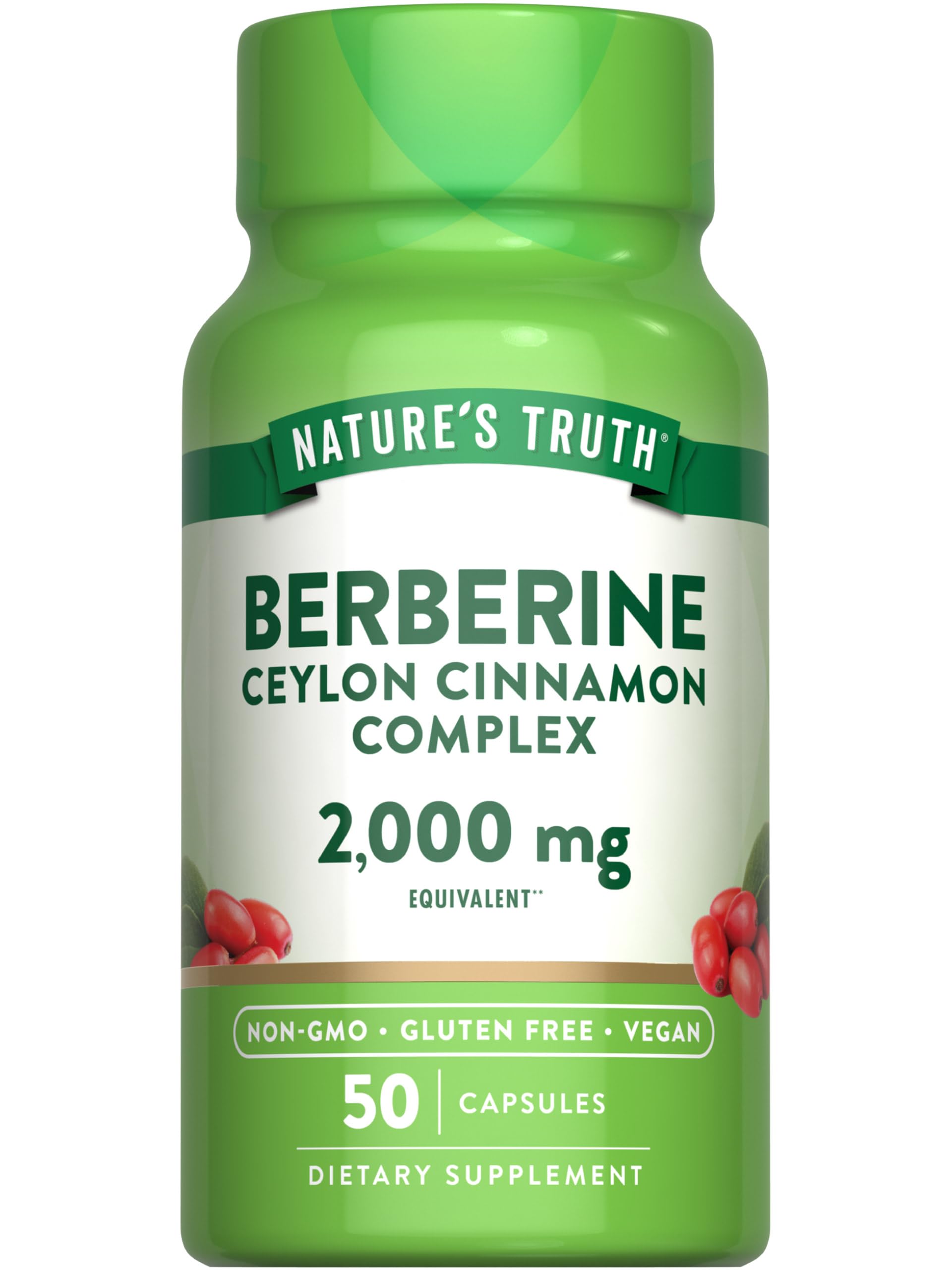 Nature's Truth Berberine-Cinnamon Complex bottle promotes vegan wellness.