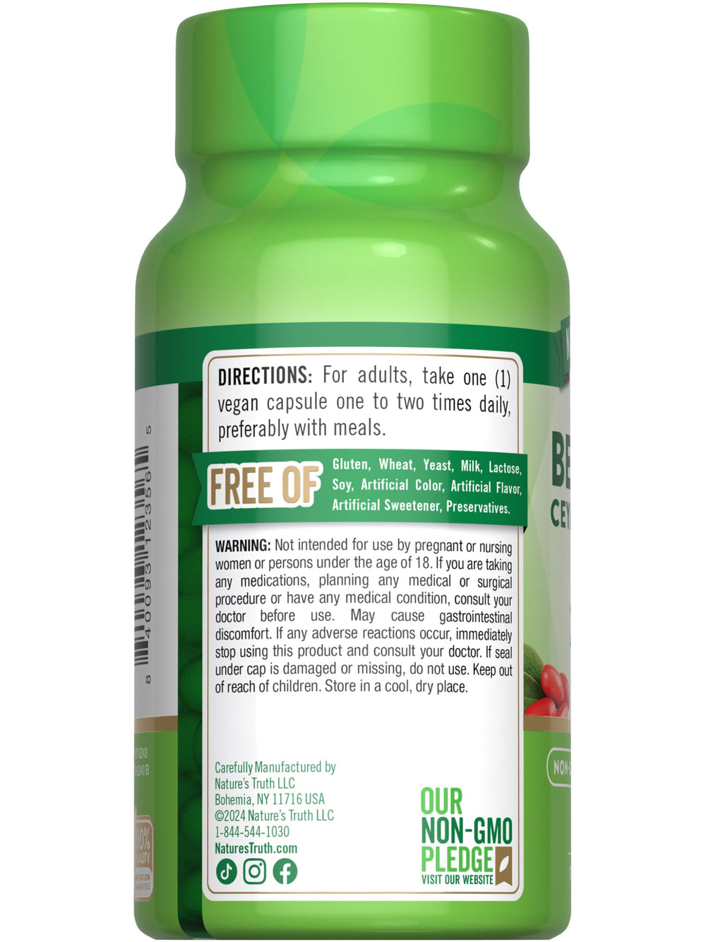 Close-up of Nature's Truth vegan capsules from Berberine-Cinnamon Complex.