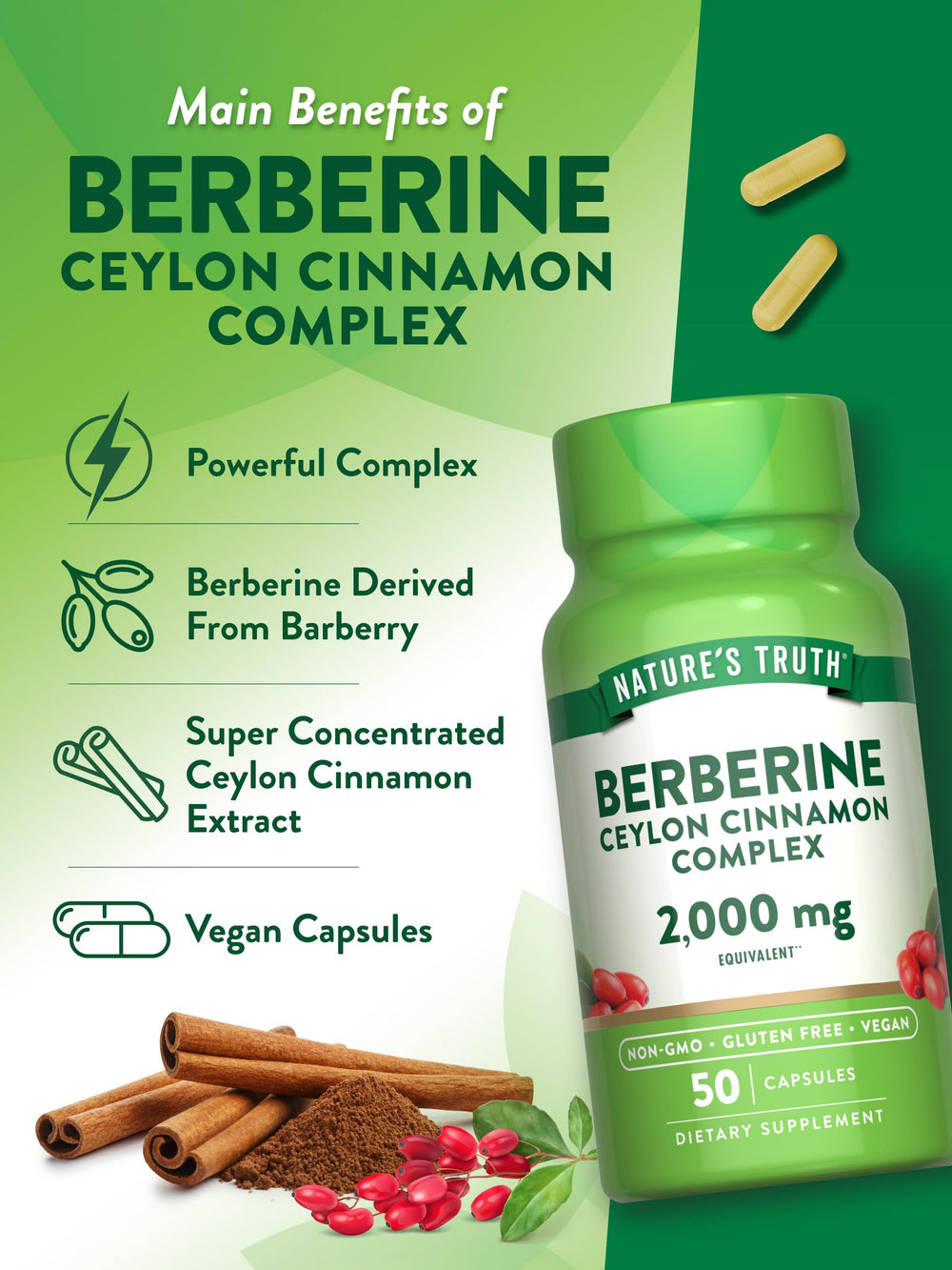 Nature's Truth infographic summarizes product benefits and certifications.