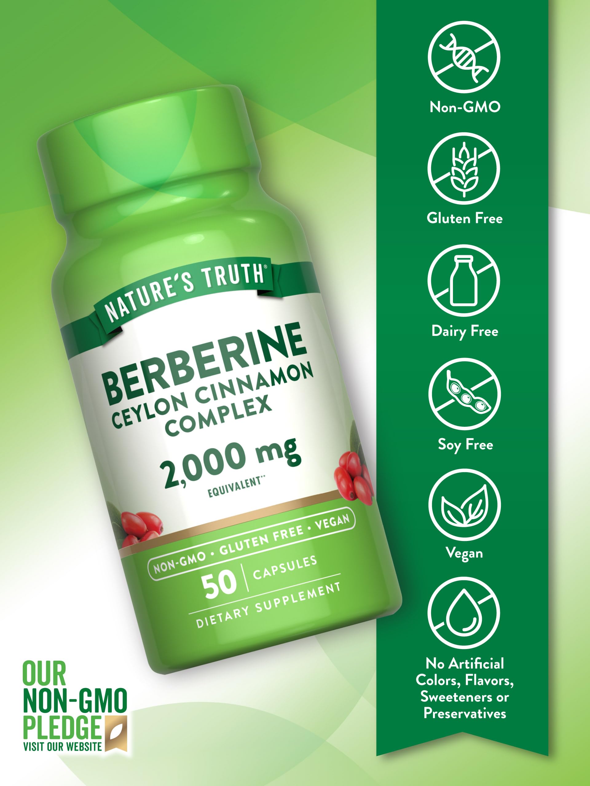 Nature's Truth Berberine-Cinnamon Complex label confirms vegan and gluten-free features.
