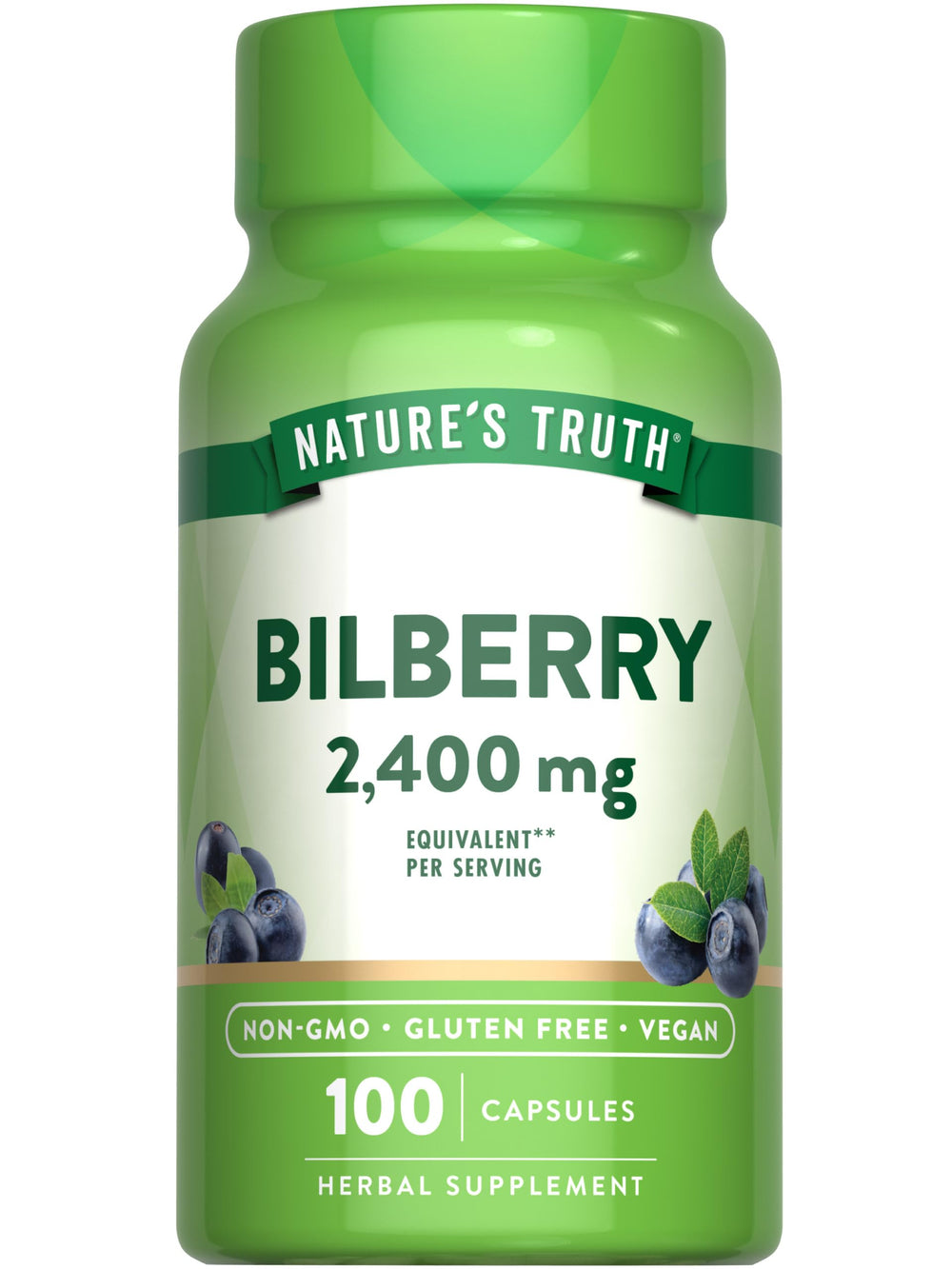 Nature's Truth Bilberry Extract Capsules bottle on white with vegan, gluten-free labeling