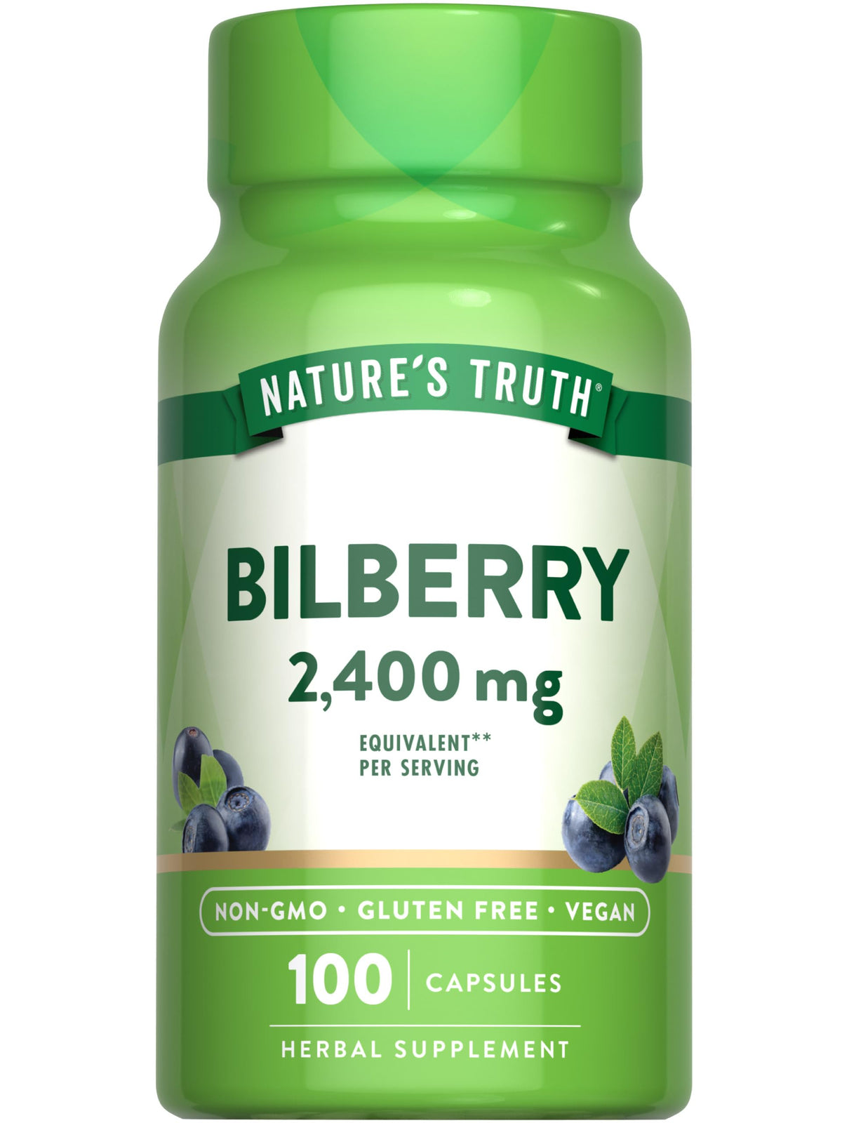Nature's Truth Bilberry Extract Capsules bottle on white with vegan, gluten-free labeling