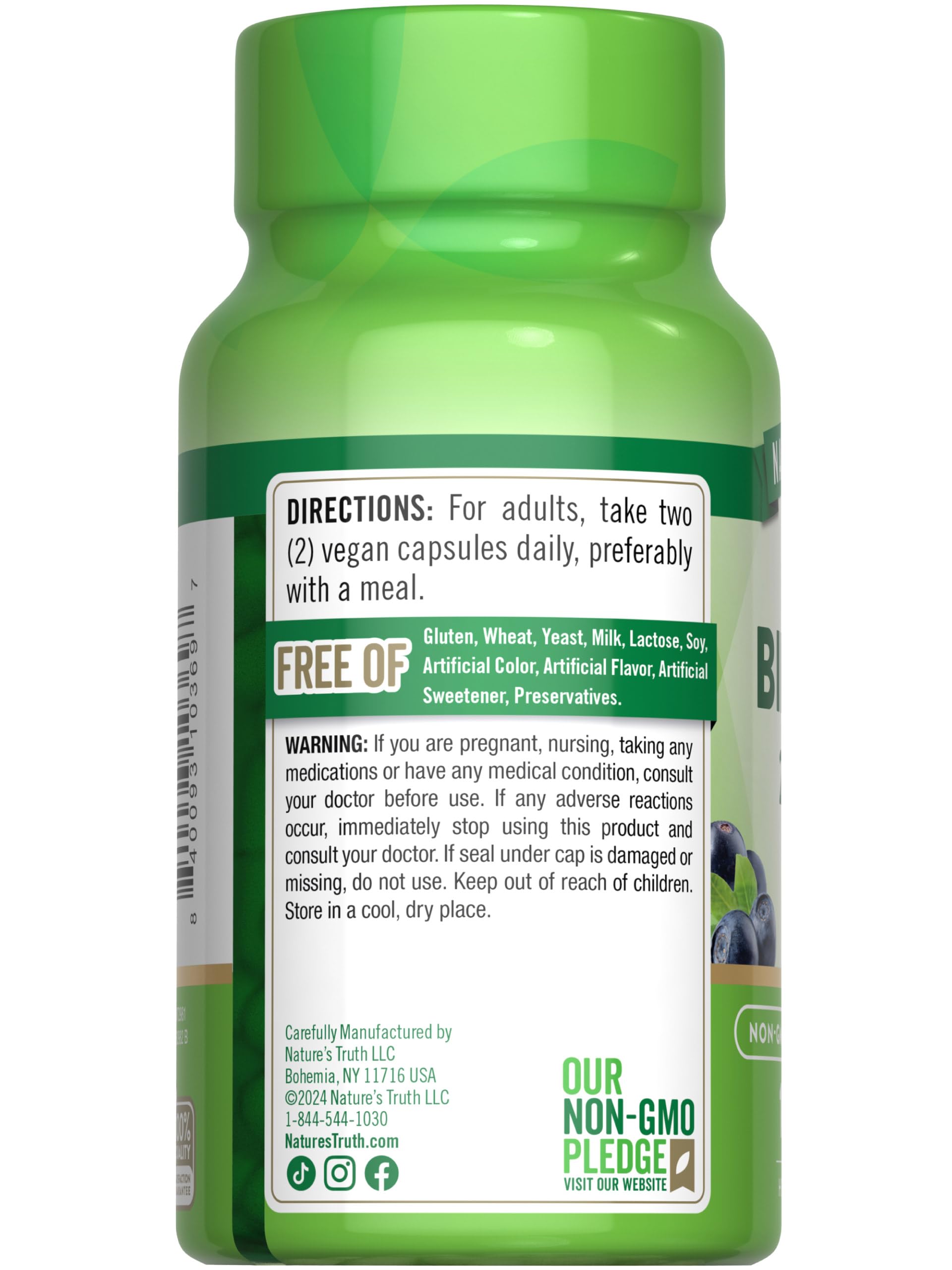 Nature's Truth Bilberry Extract Capsules box and bottle together highlighting non-GMO, preservative-free claim
