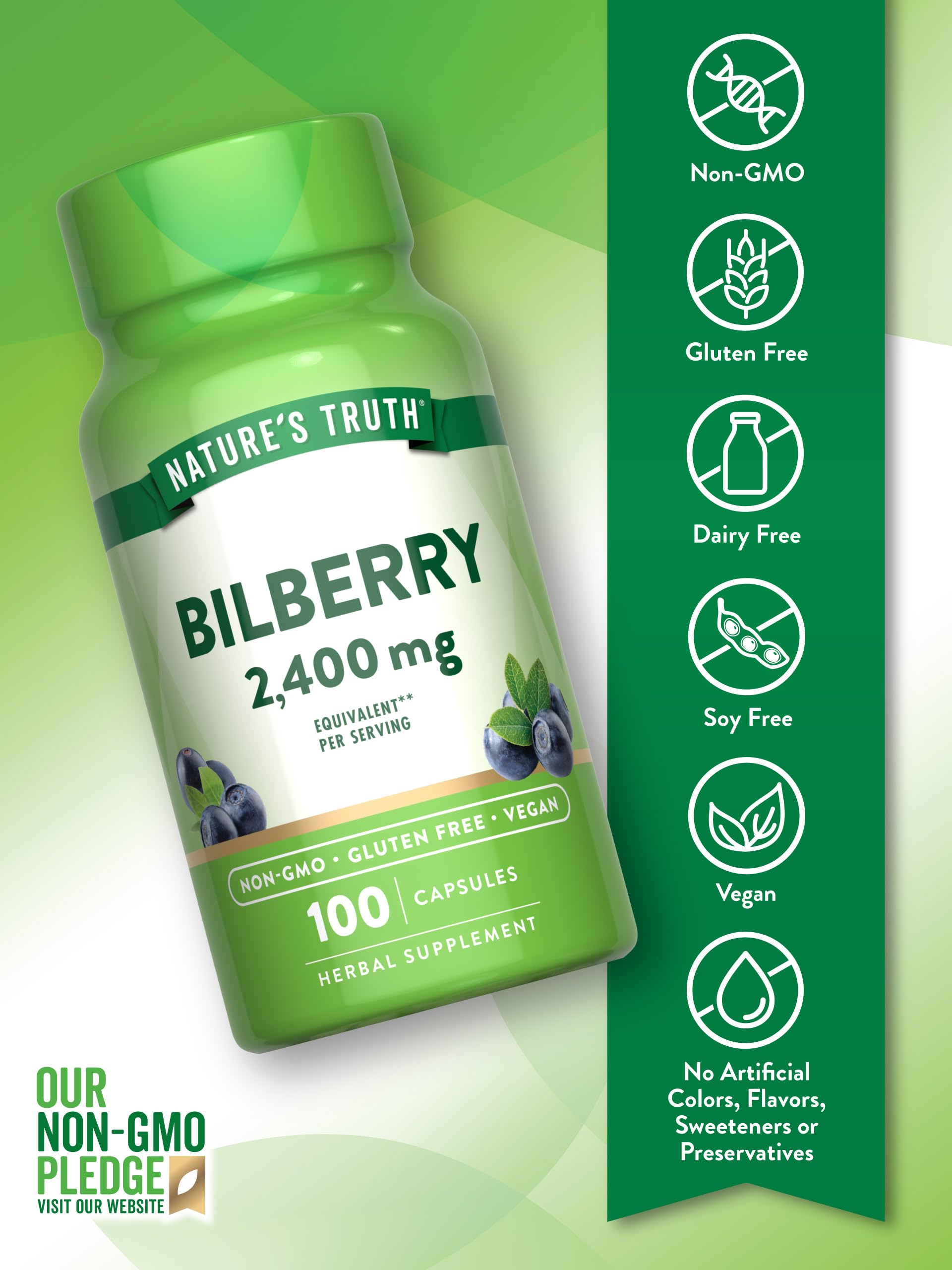 Nature's Truth Bilberry Extract Capsules arranged to show vegan, non-GMO formula