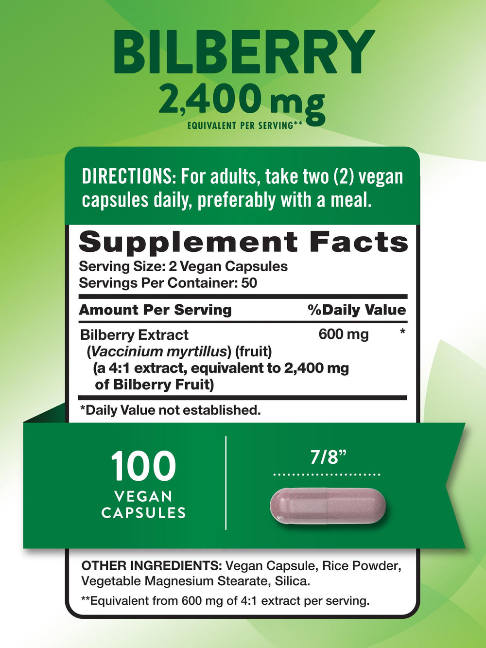 Close-up of Nature's Truth Bilberry Extract Capsules label showing 2400 mg per serving