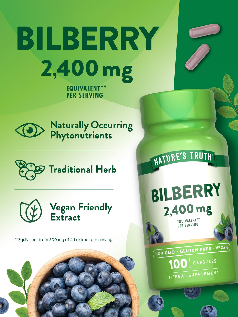 Nature's Truth Bilberry Extract Capsules 100-count packaging on shelf for convenient daily use