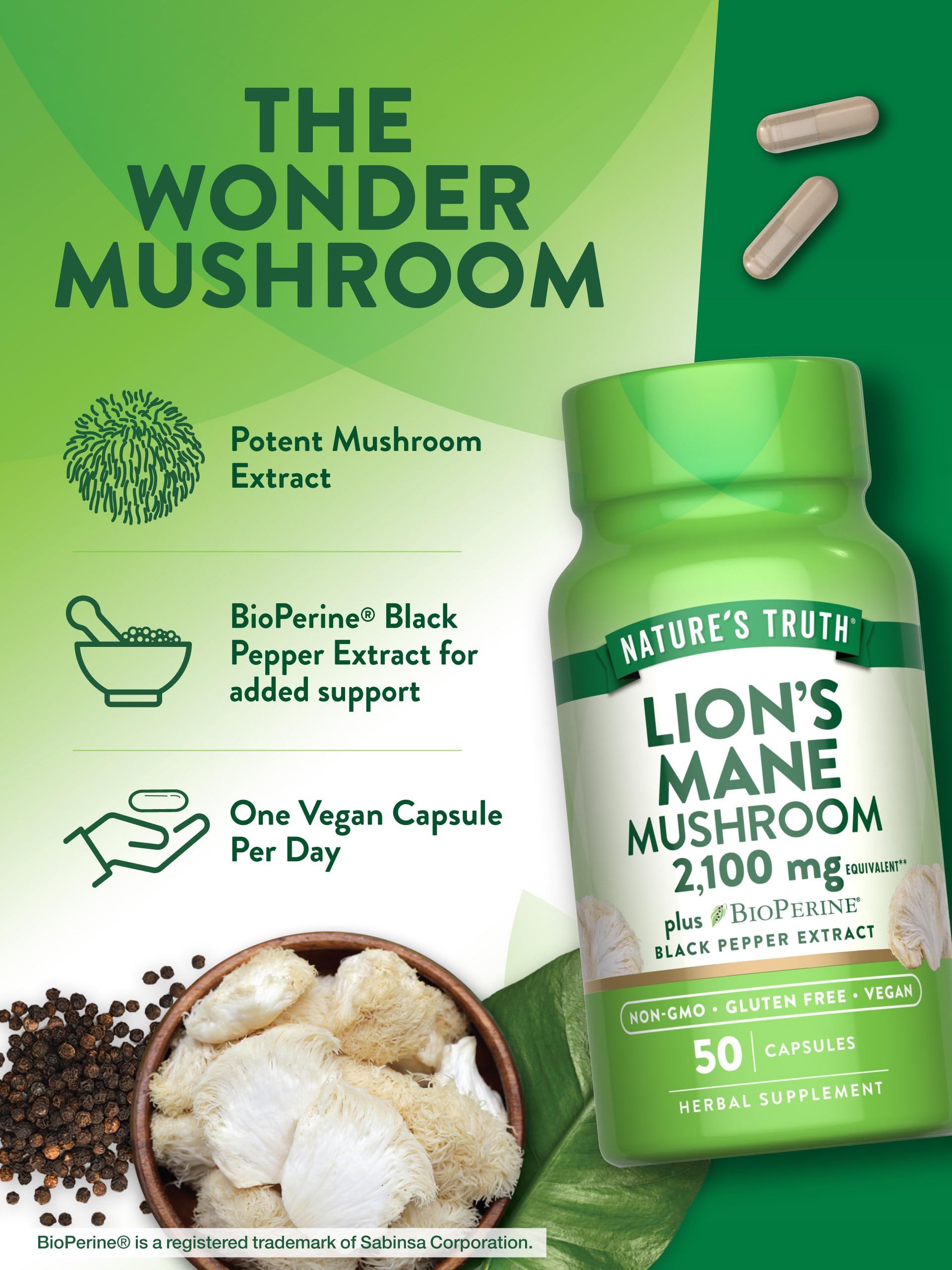 BioPerine enhanced Lions Mane formula from Nature's Truth
