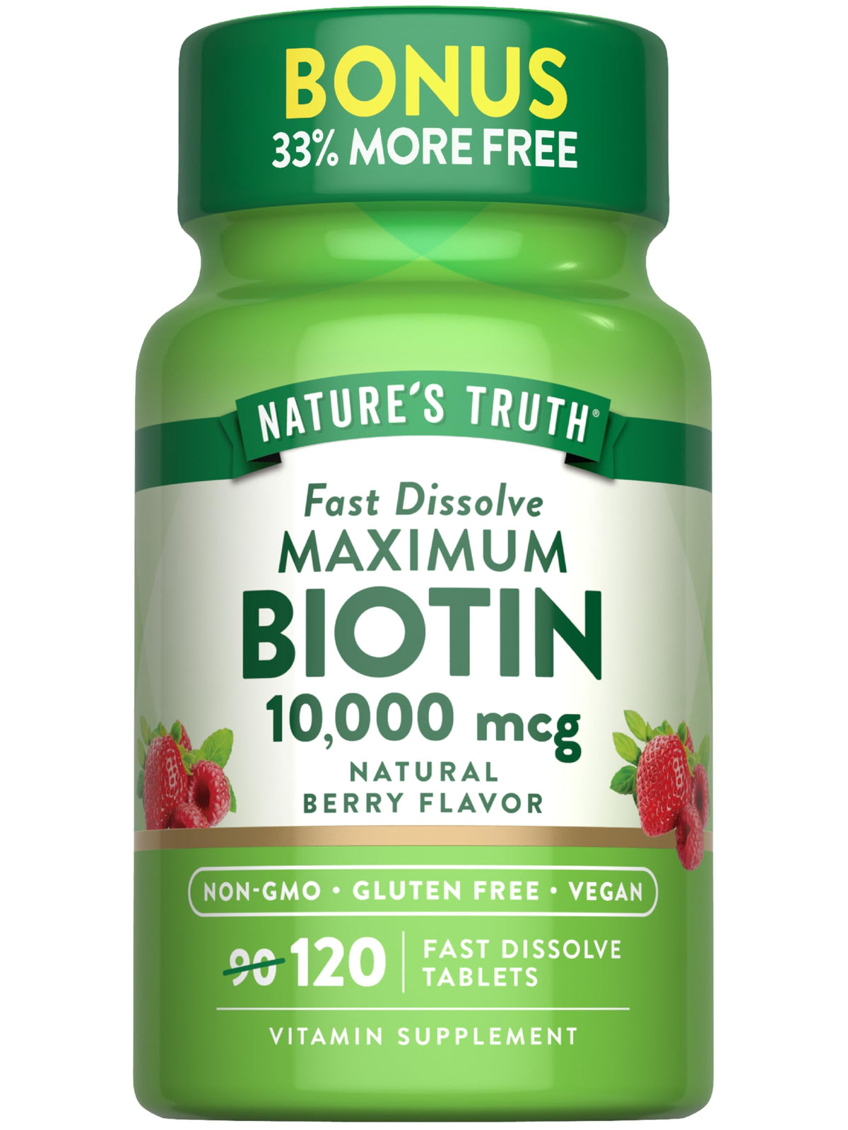 Nature's Truth Biotin 10000mcg fast-dissolve tablets with natural berry flavor for daily use