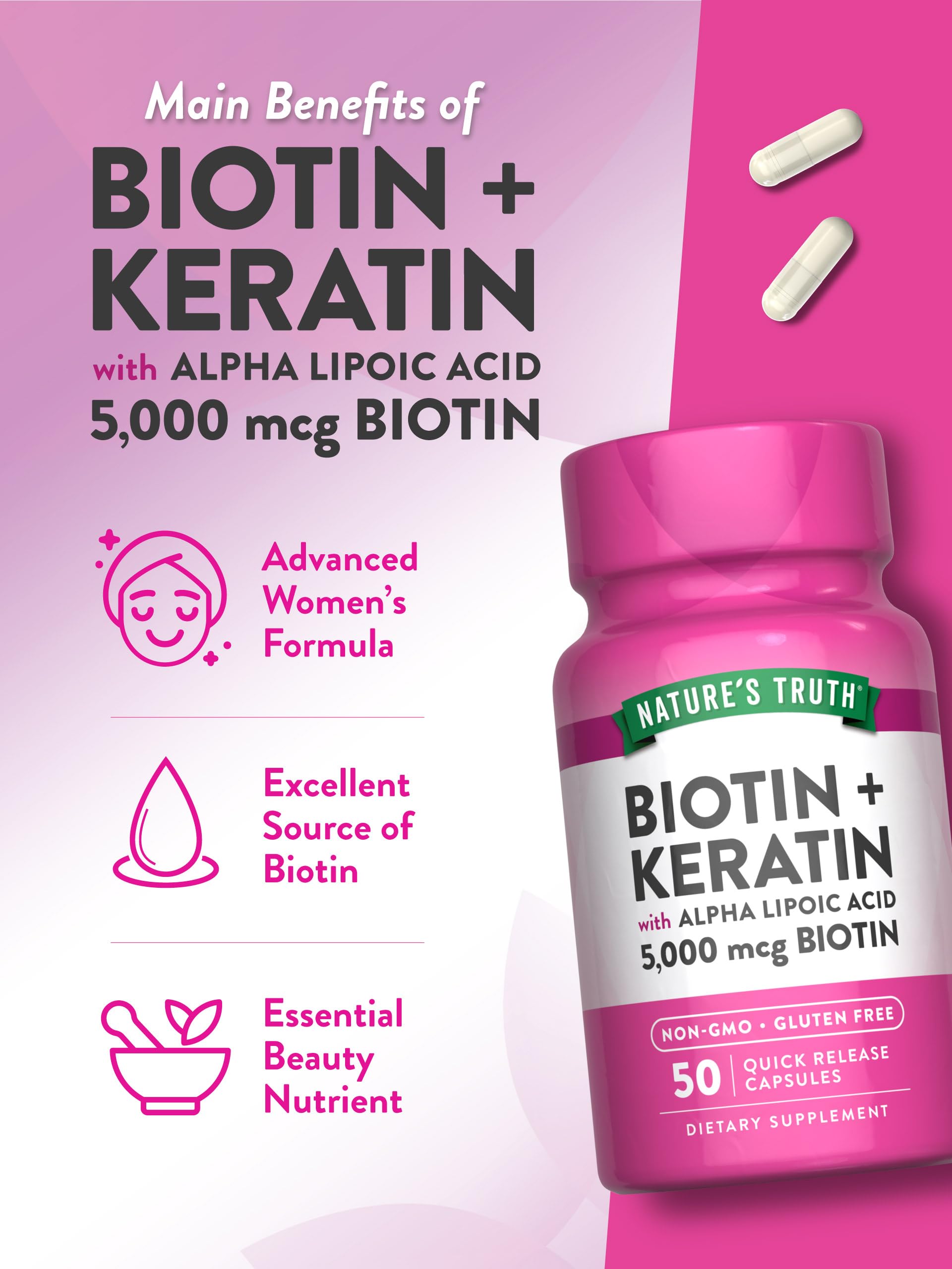 Nature's Truth Biotin 5000 mcg alpha-lipoic acid capsule detail.