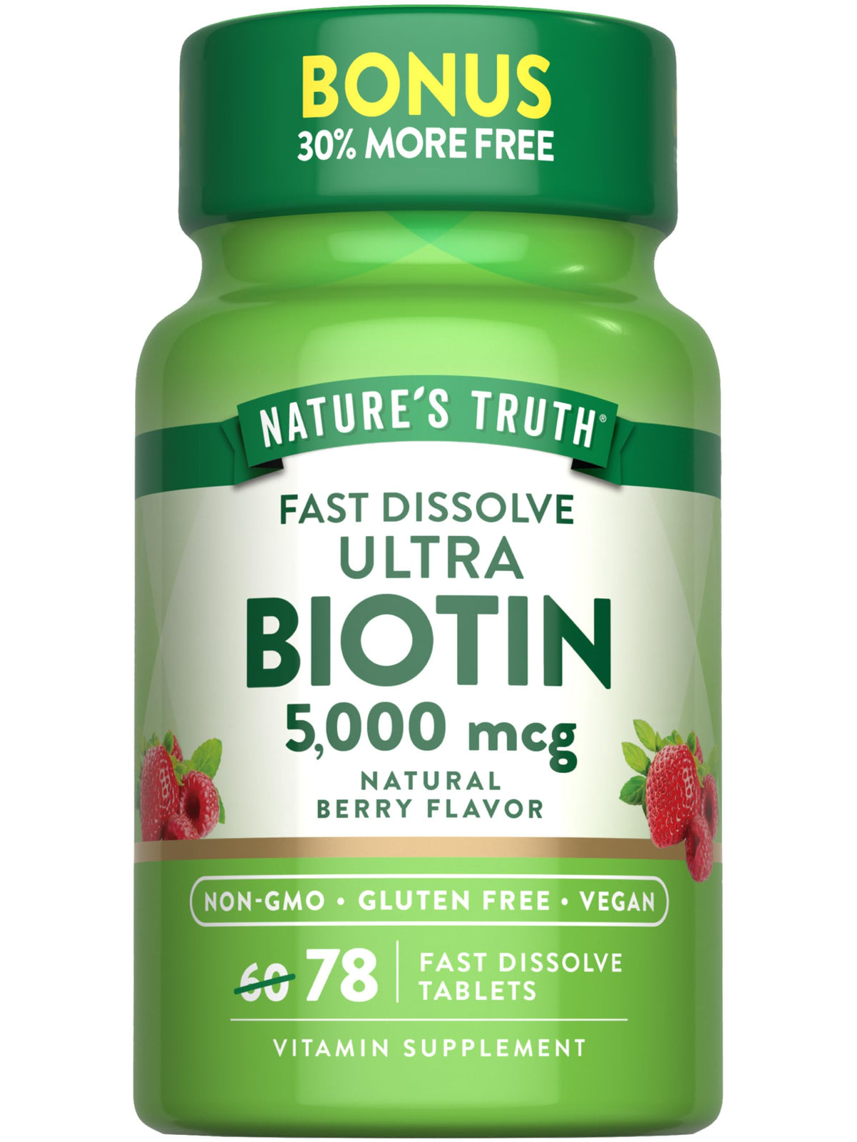 Nature's Truth Biotin 5000mcg berry-flavor tablets in bottle, vegan formula for daily wellness