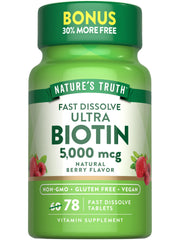 Nature's Truth Biotin 5000mcg berry-flavor tablets in bottle, vegan formula for daily wellness