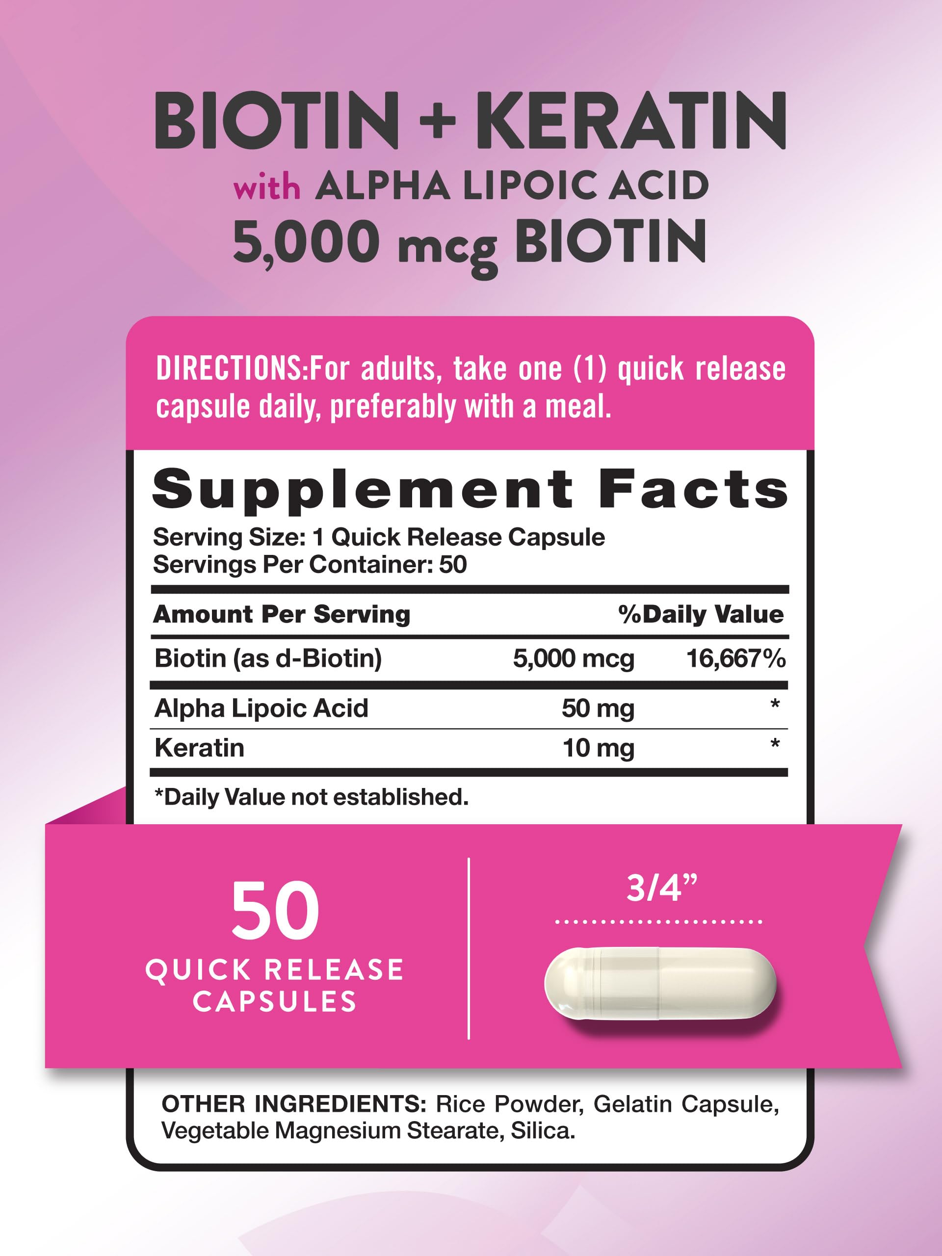 Nature's Truth Biotin 5000 mcg capsules are easy to swallow daily.