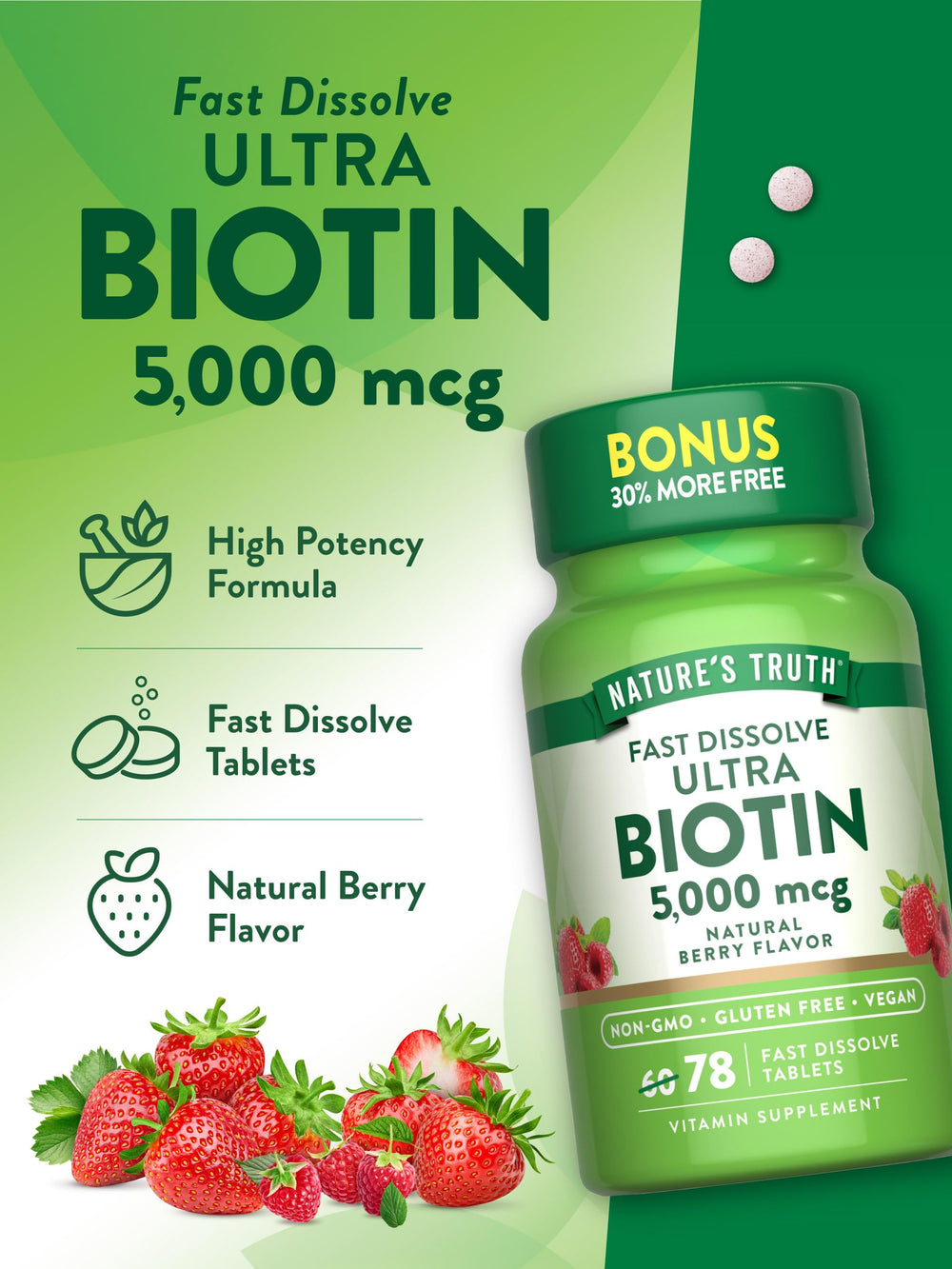 Close-up of tablet texture from Nature's Truth Biotin 5000mcg bottle