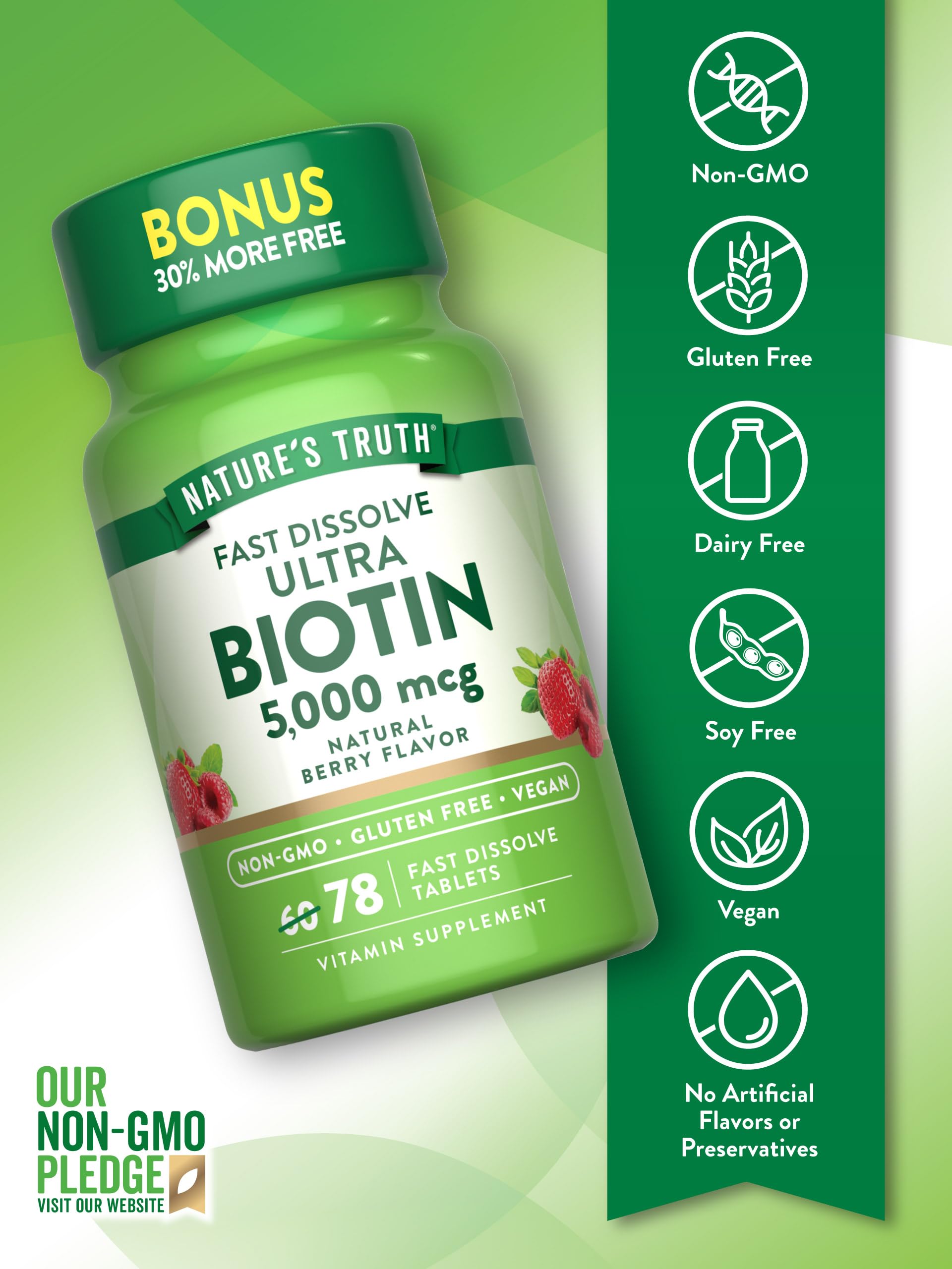 Nature's Truth Biotin 5000mcg vegan gluten-free label highlights non-GMO commitment