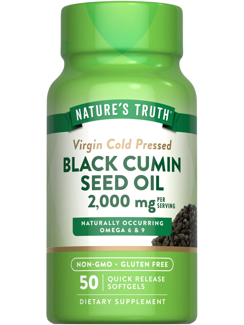 Nature's Truth Black Cumin Seed Oil bottle front with clear label for easy selection
