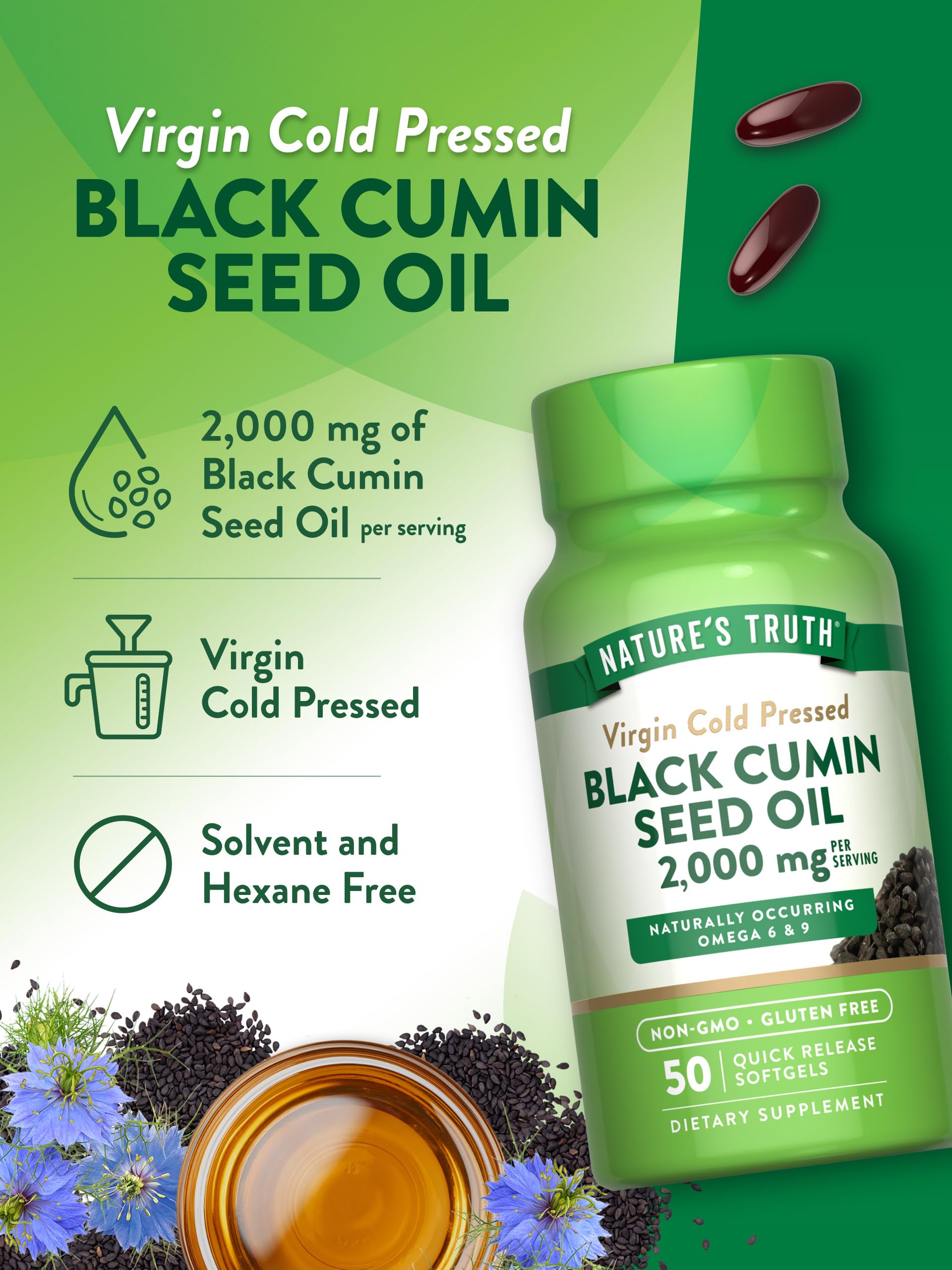 Nature's Truth bottle label closeup communicates cold-pressed quality and transparency