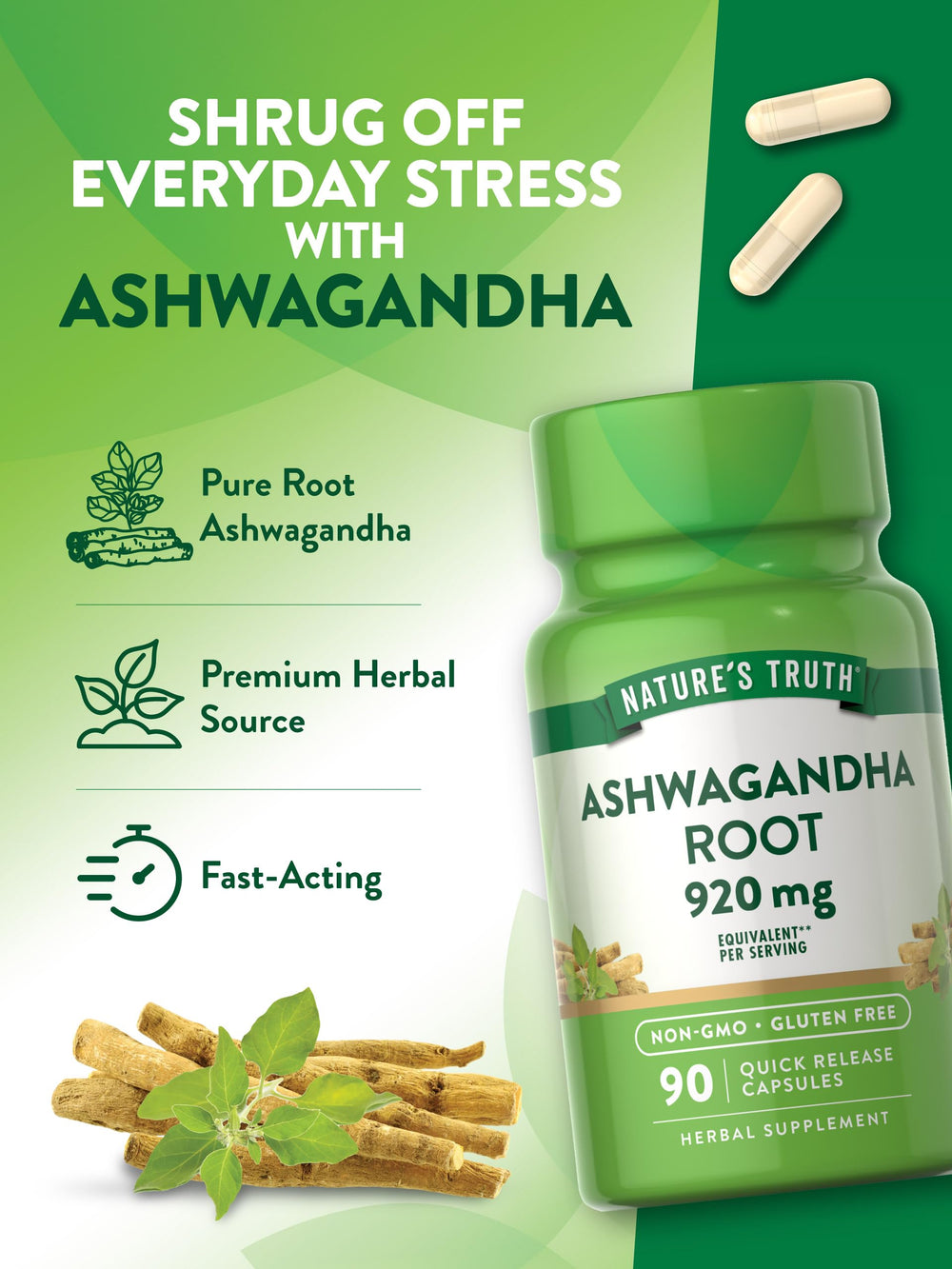 Bottle close-up label of Nature's Truth Ashwagandha capsules