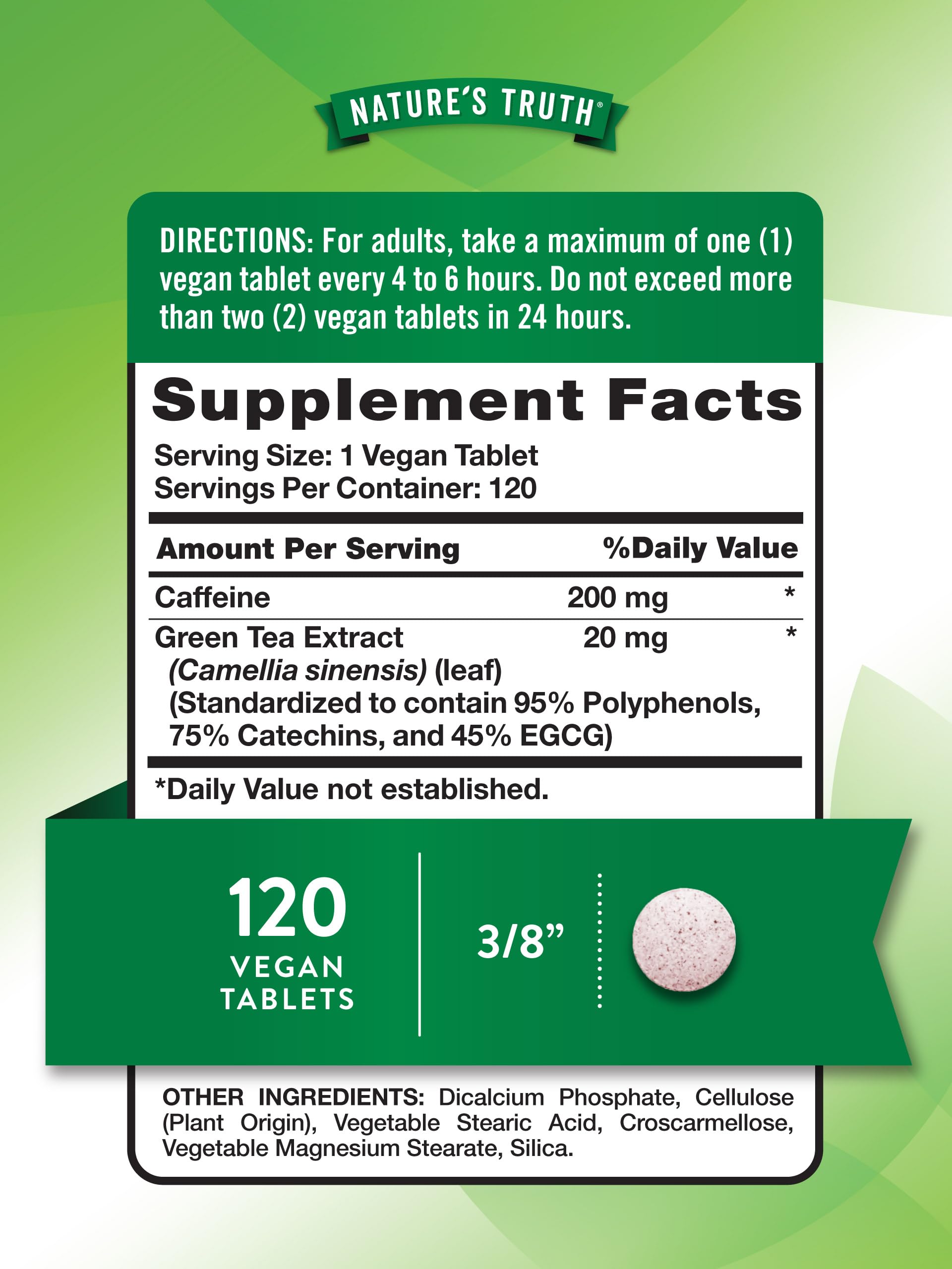 Nature's Truth caffeine pills label with 220 mg per tablet for alertness