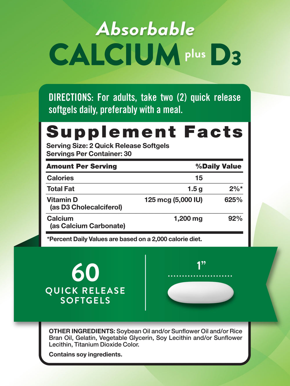 Nature's Truth Calcium 1200mg + D3 softgels bottle back with nutrition details