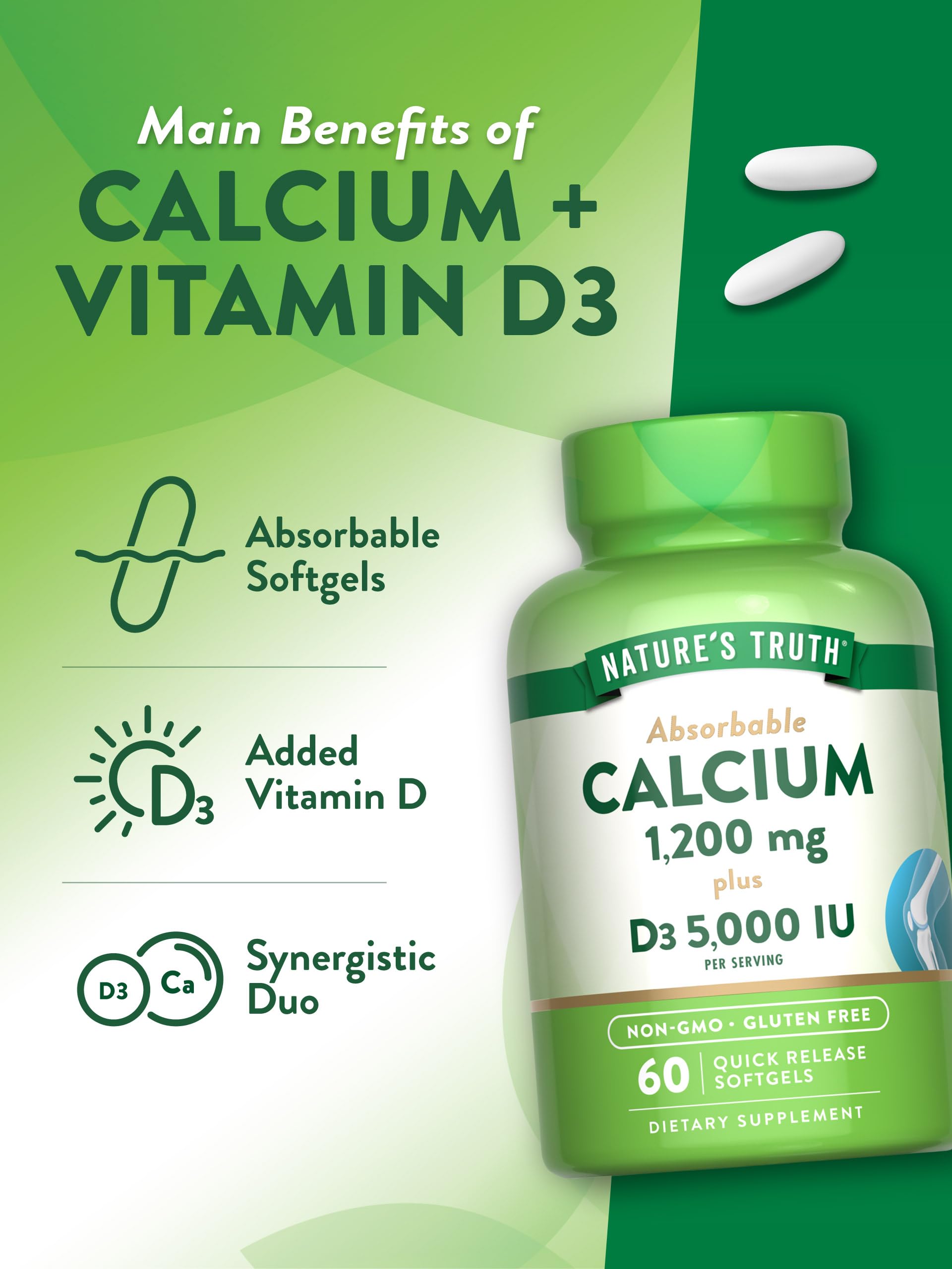 Nature's Truth Calcium 1200mg + D3 softgels label highlights Non-GMO