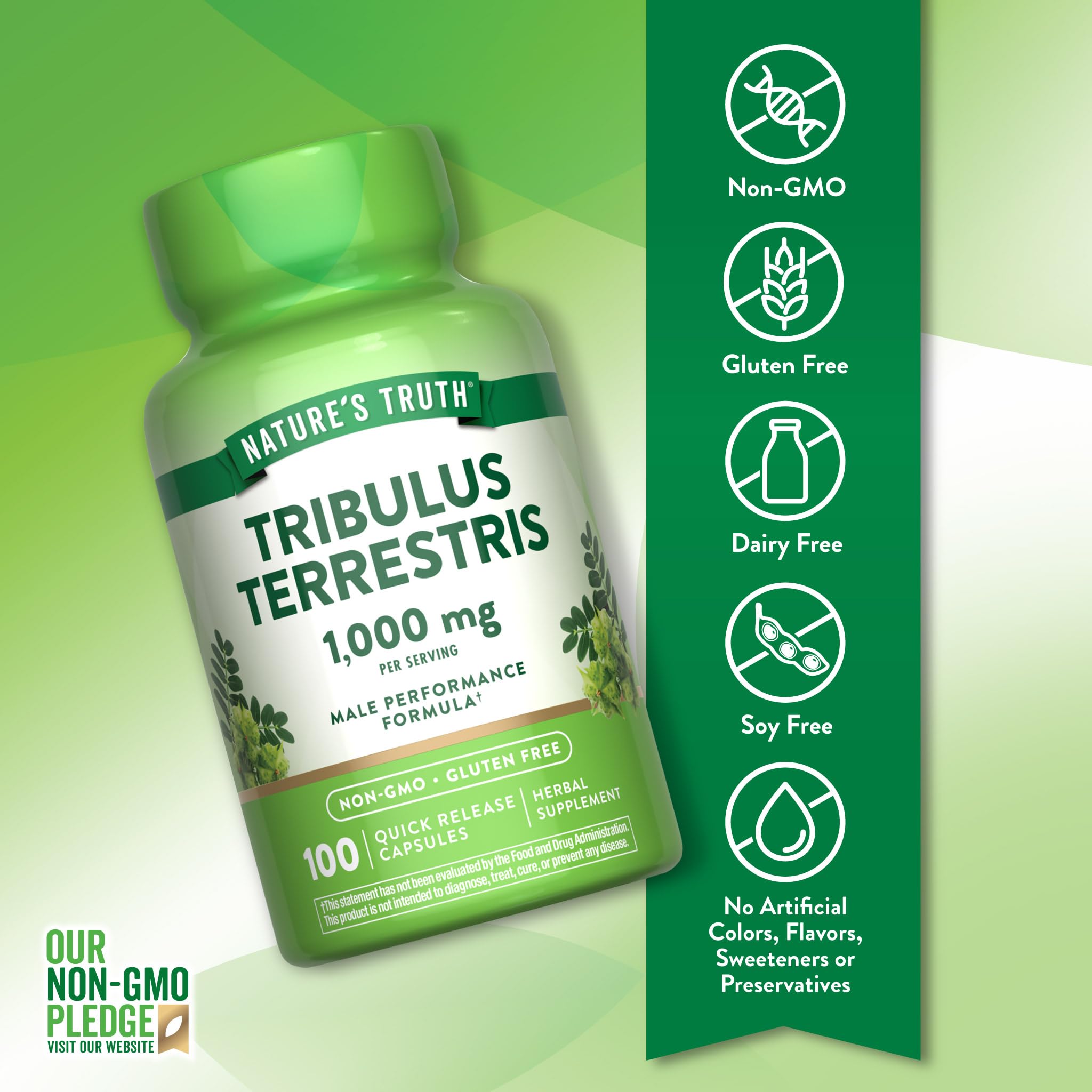 Nature's Truth Tribulus capsules closeup highlights smooth texture for easy swallowing.