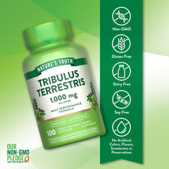 Nature's Truth Tribulus capsules closeup highlights smooth texture for easy swallowing.