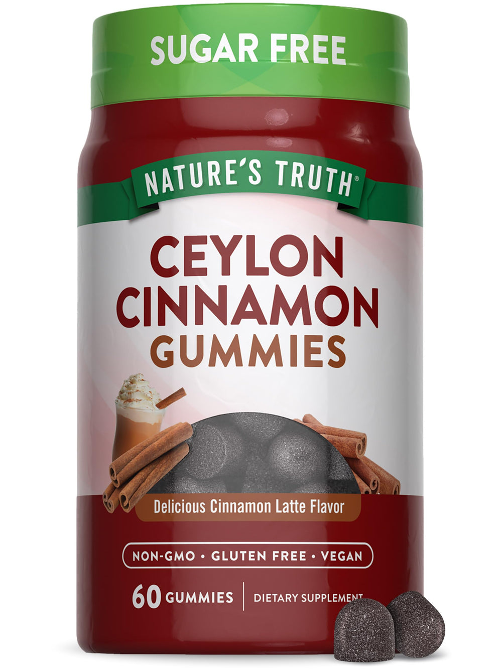 Nature's Truth Ceylon Cinnamon Gummies bottle with cinnamon latte flavor and vegan formula.