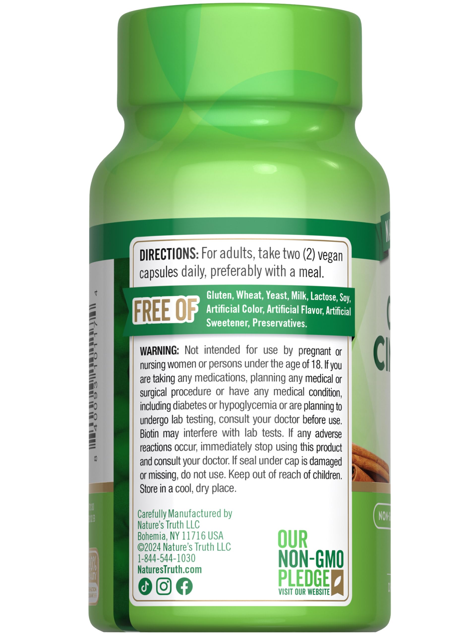 Nature's Truth cinnamon capsules ingredients table showing transparency.