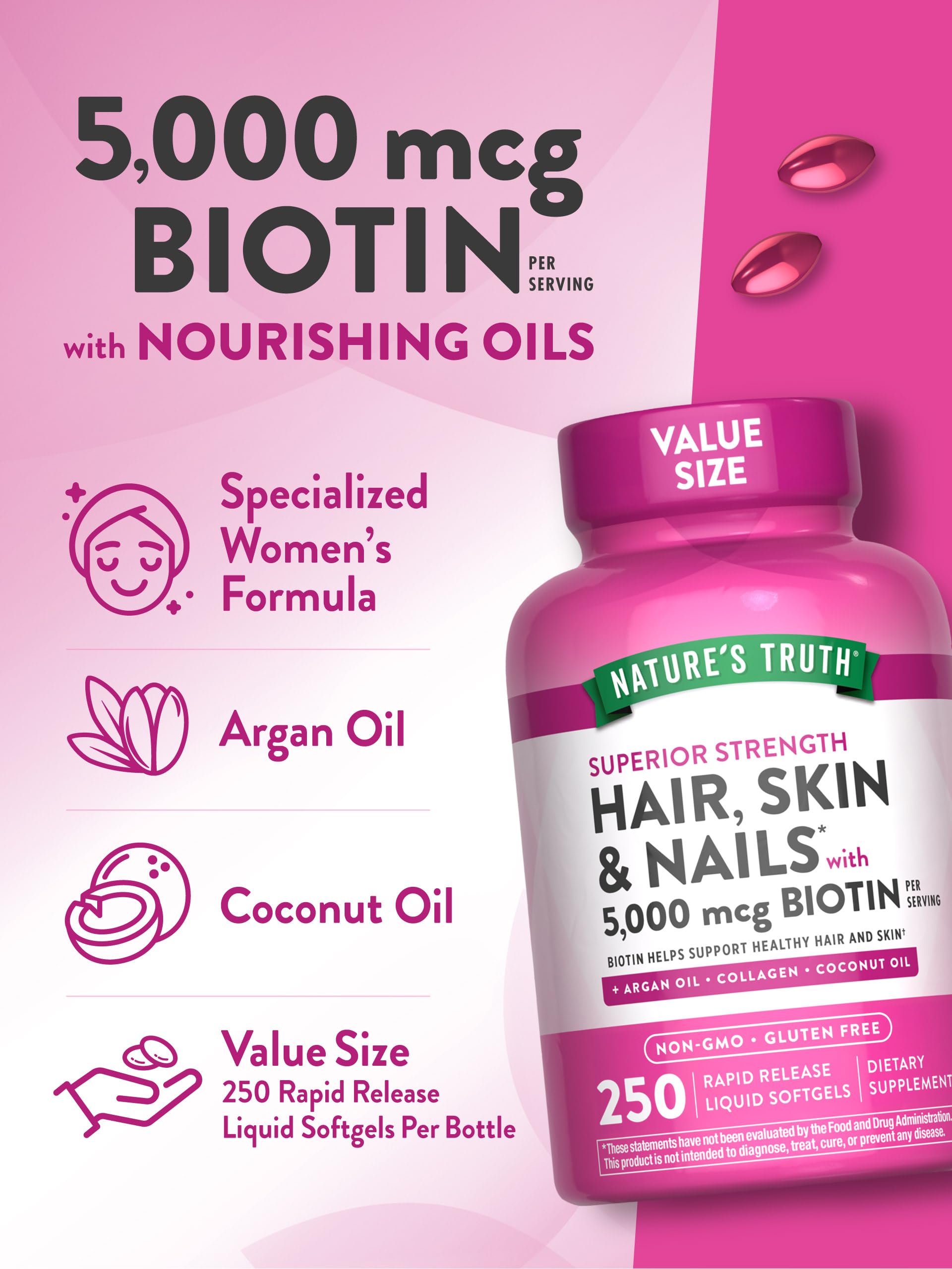 Nature's Truth coconut oil enriched softgels supporting hair and nails