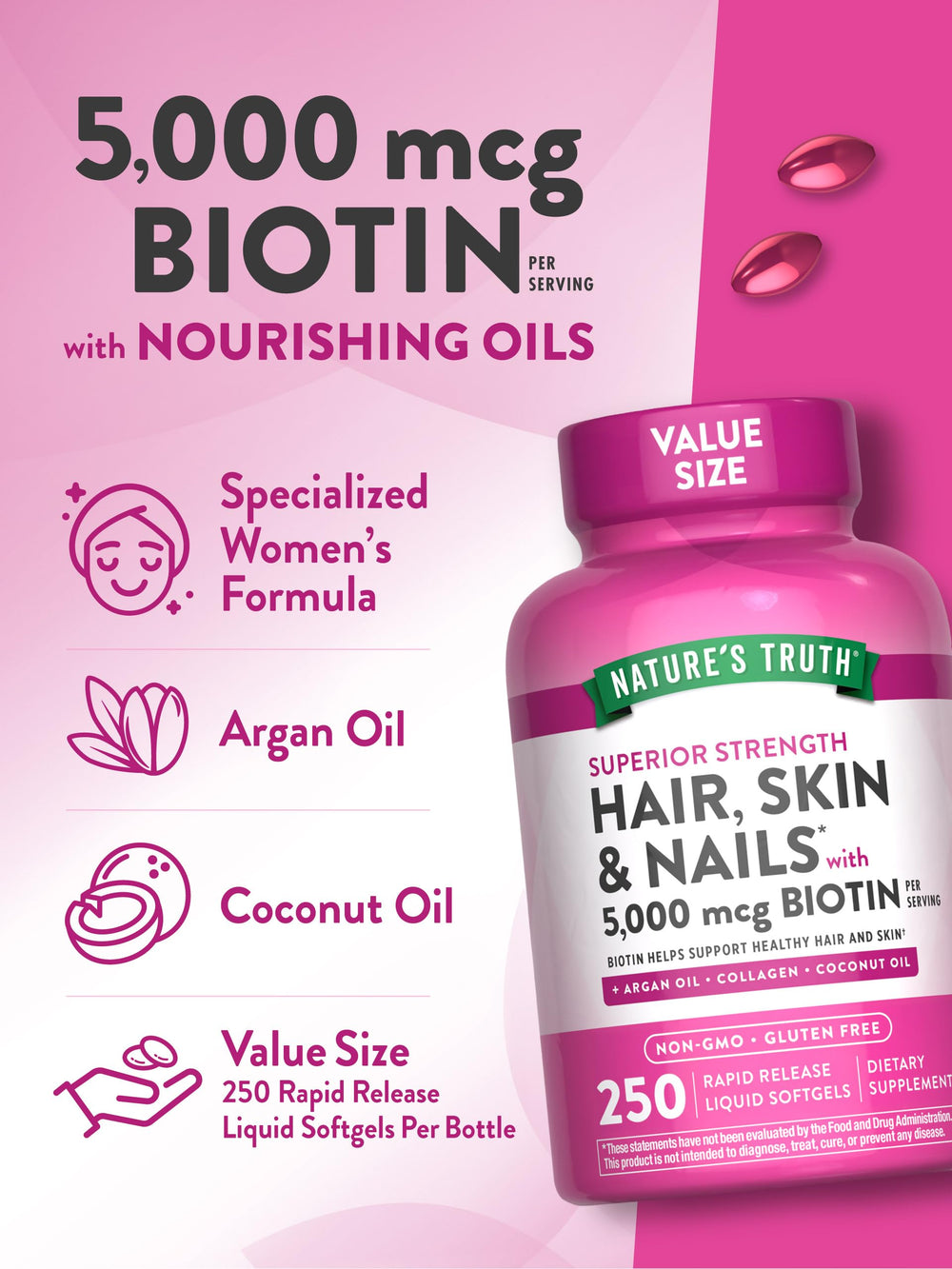 Nature's Truth coconut oil enriched softgels supporting hair and nails
