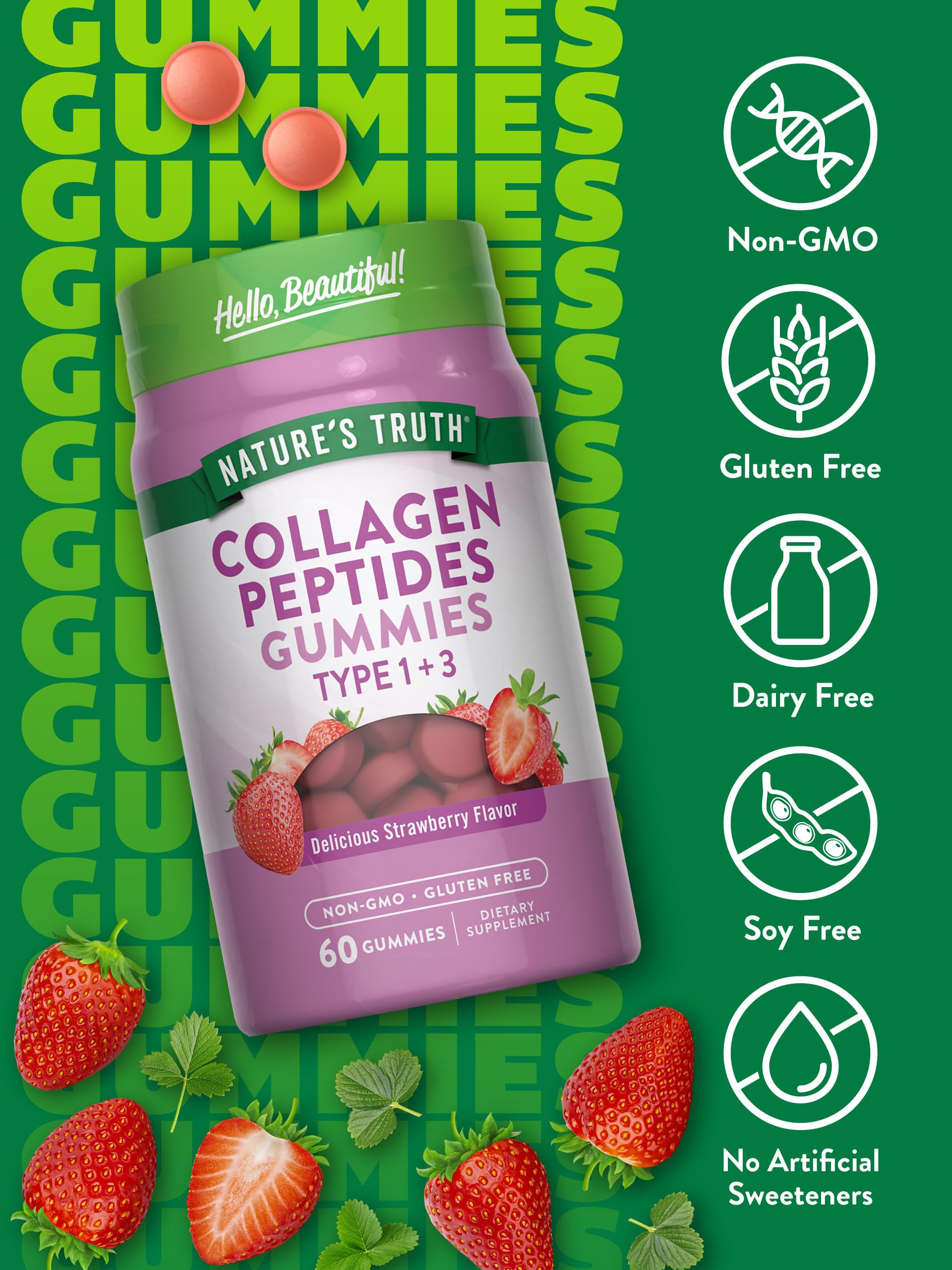 Nature's Truth Collagen Peptide Gummies bottle label highlighting non-GMO and gluten-free features