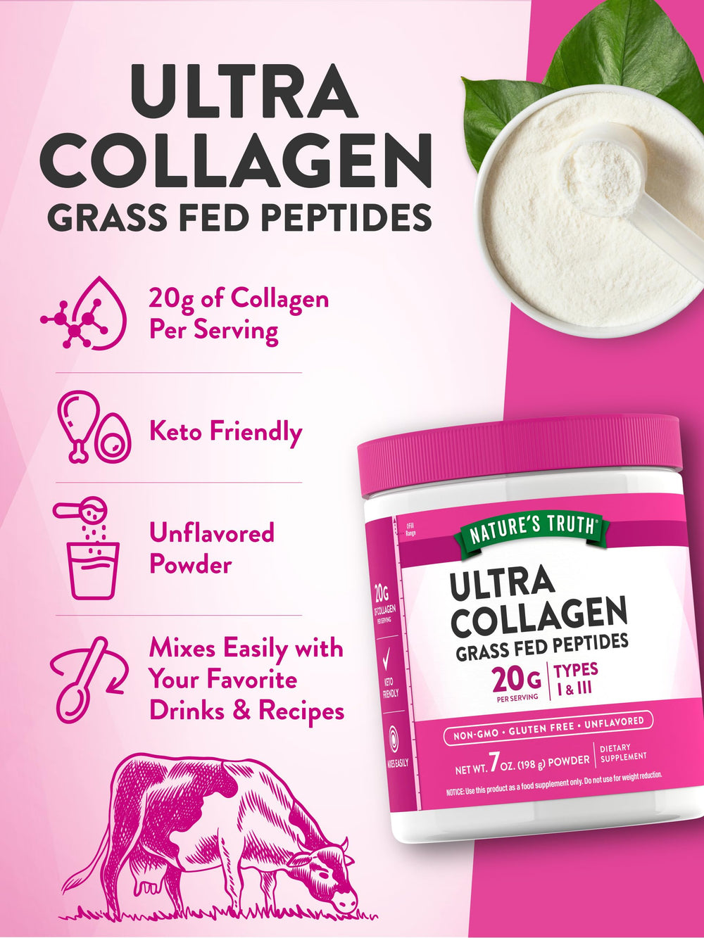 Nature's Truth Collagen Powder unflavored pour for drinks and recipes.