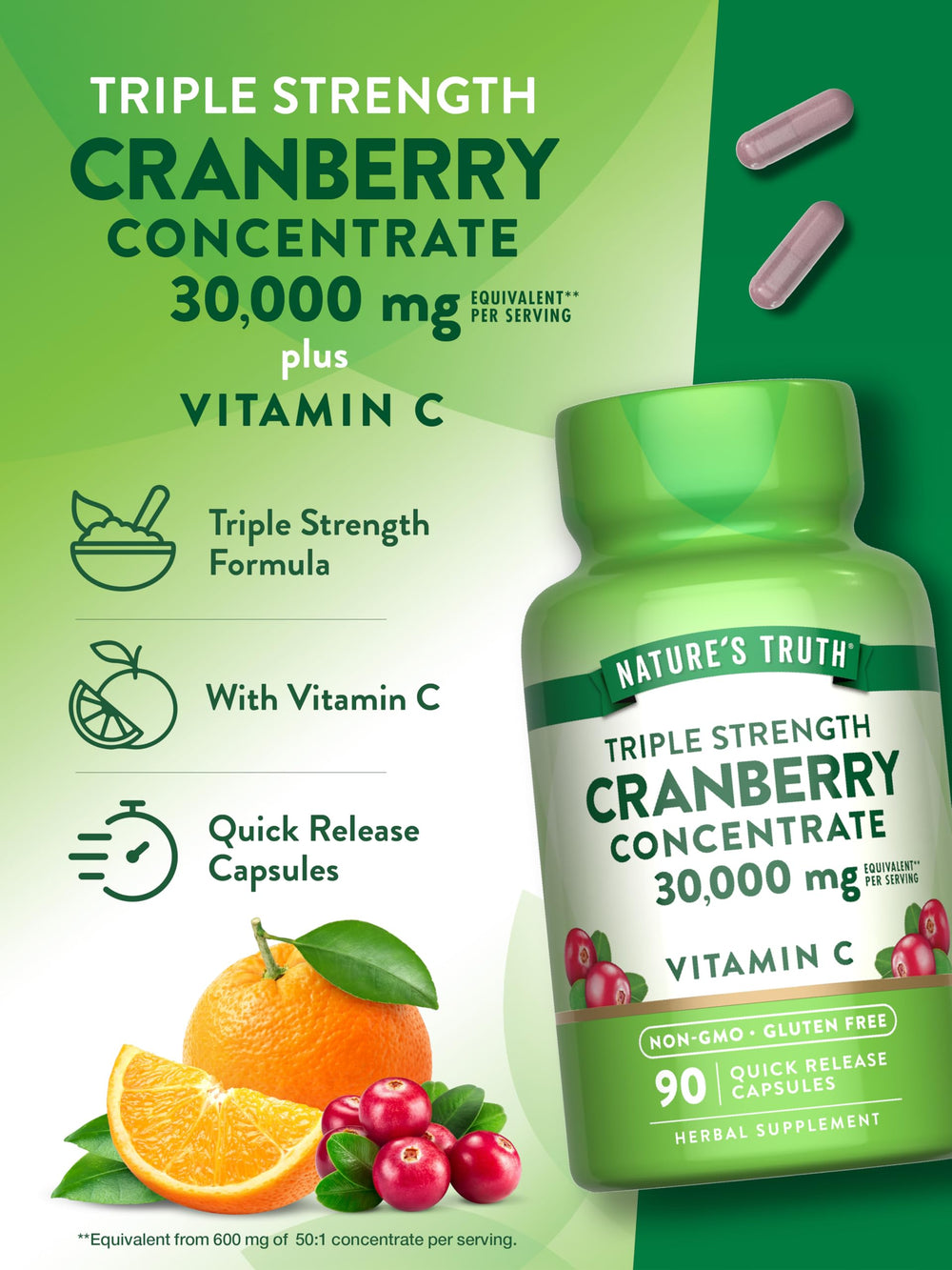 Nature's Truth Cranberry Concentrate packaging highlights gluten-free and non-GMO qualities.